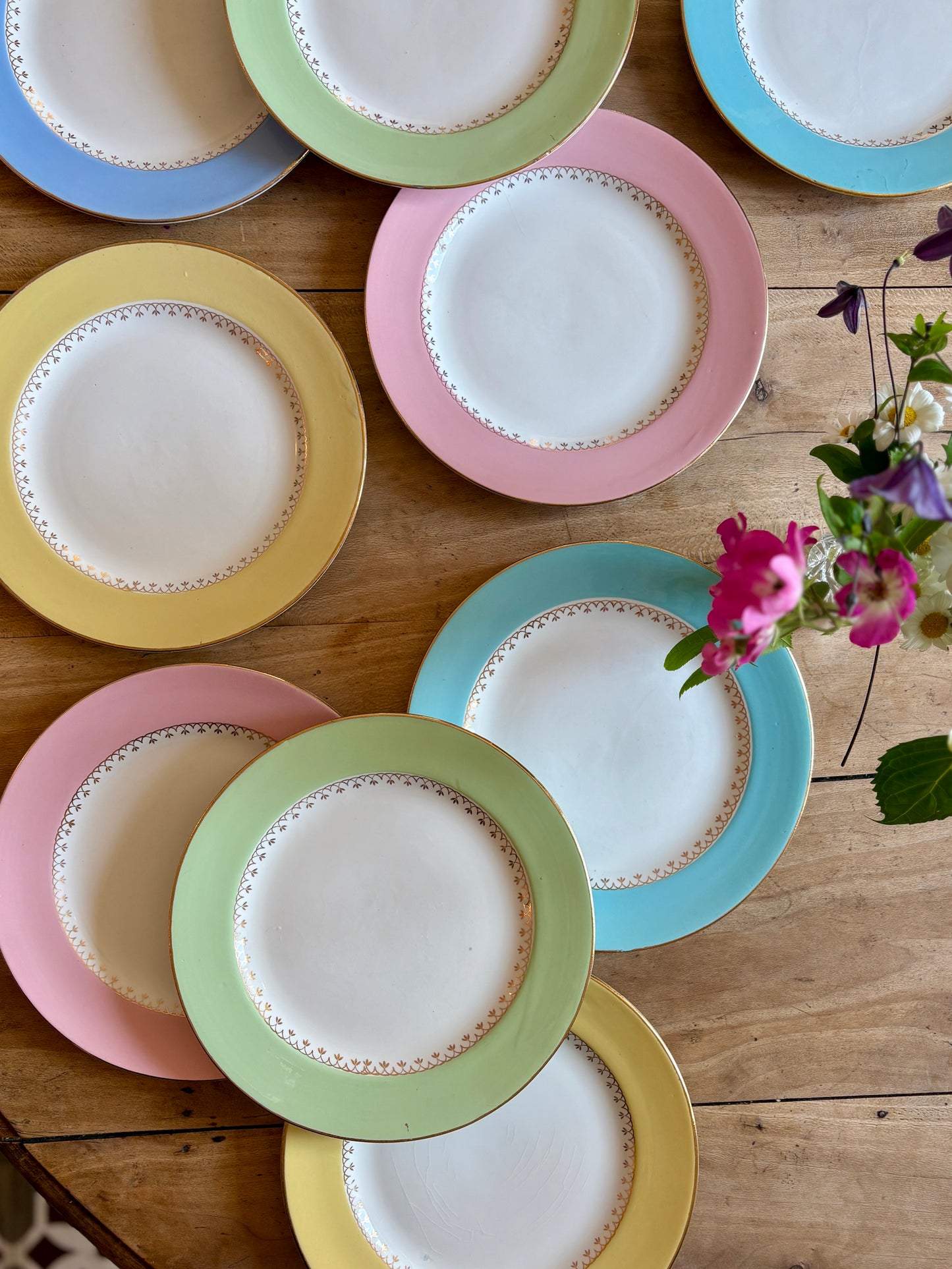 Lot de 10 assiettes plates vintage couleurs pastel