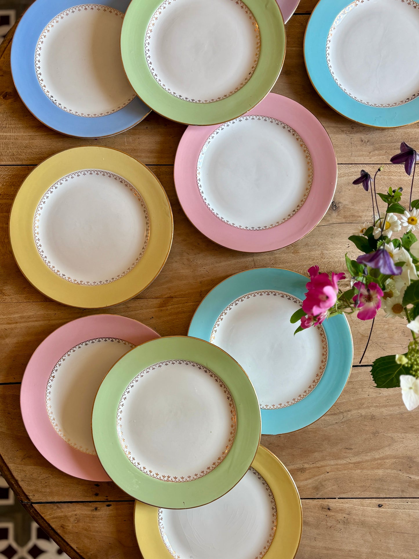 Lot de 10 assiettes plates vintage couleurs pastel
