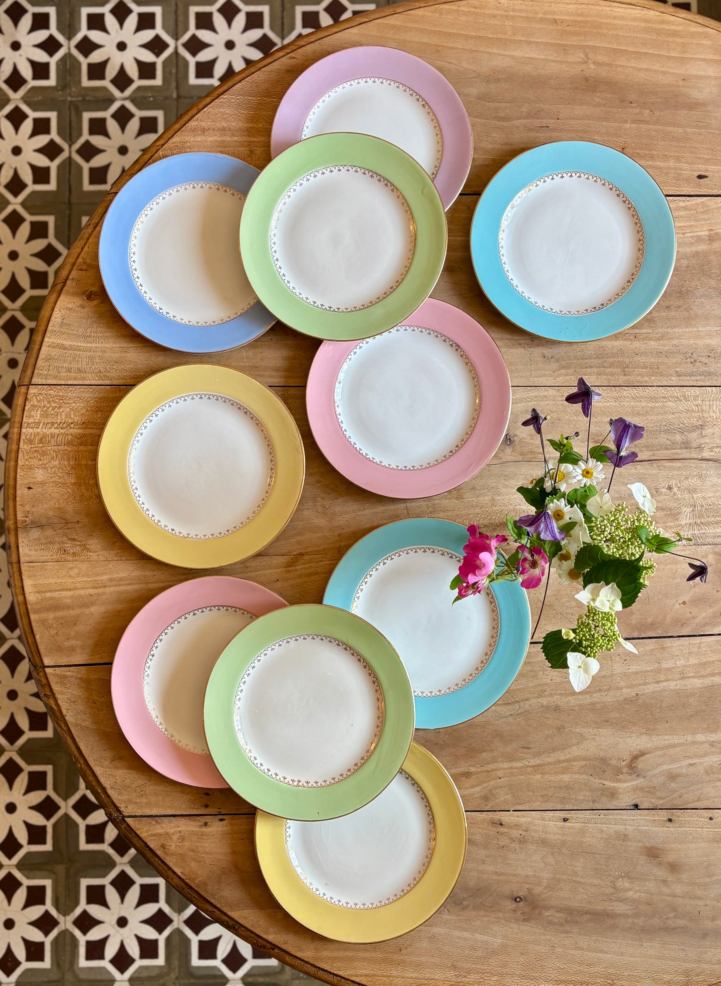 Lot de 10 assiettes plates vintage couleurs pastel