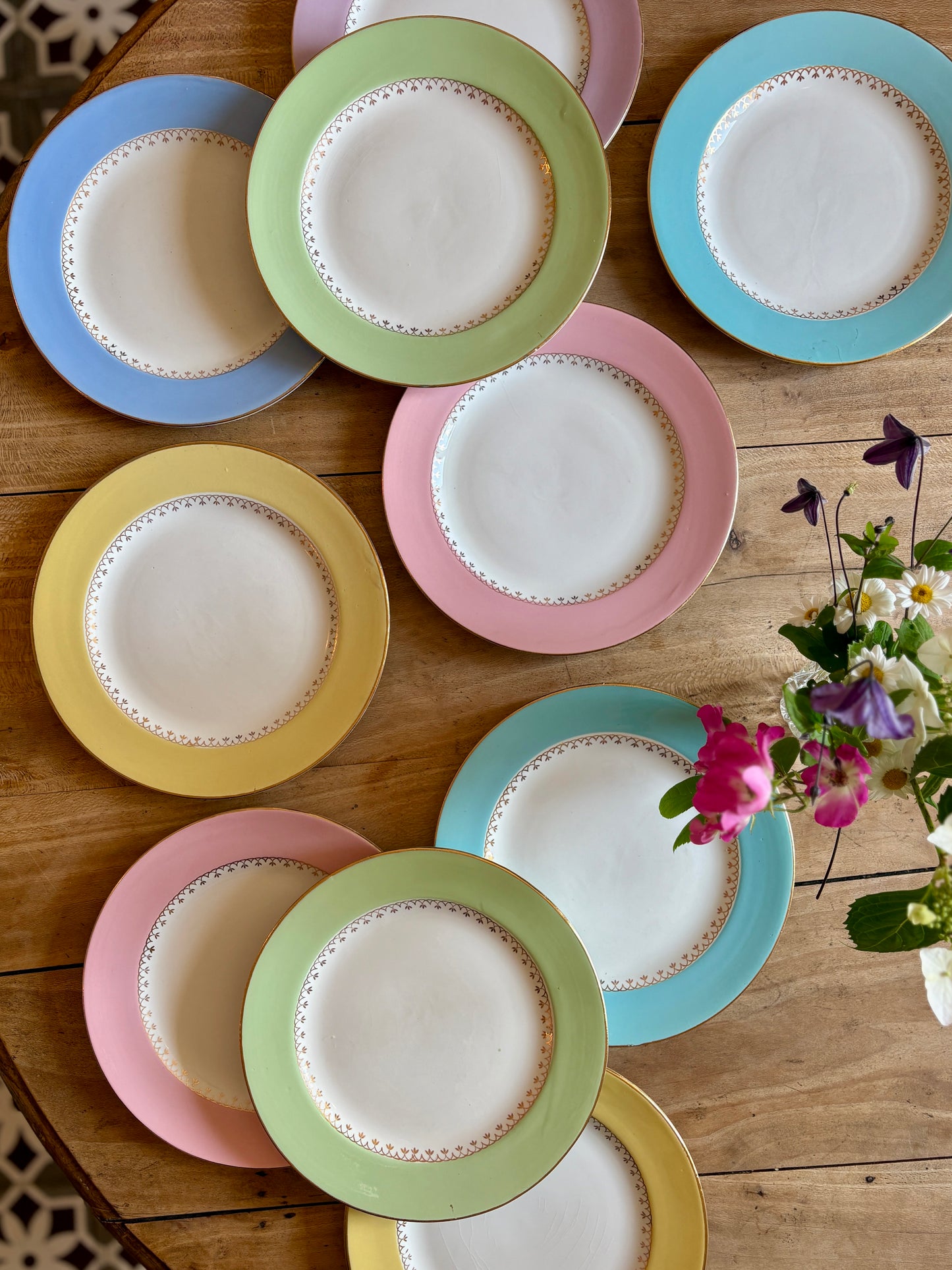 Lot de 10 assiettes plates vintage couleurs pastel