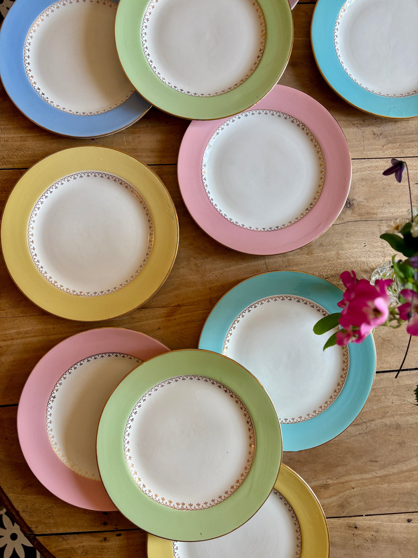 Lot de 10 assiettes plates vintage couleurs pastel