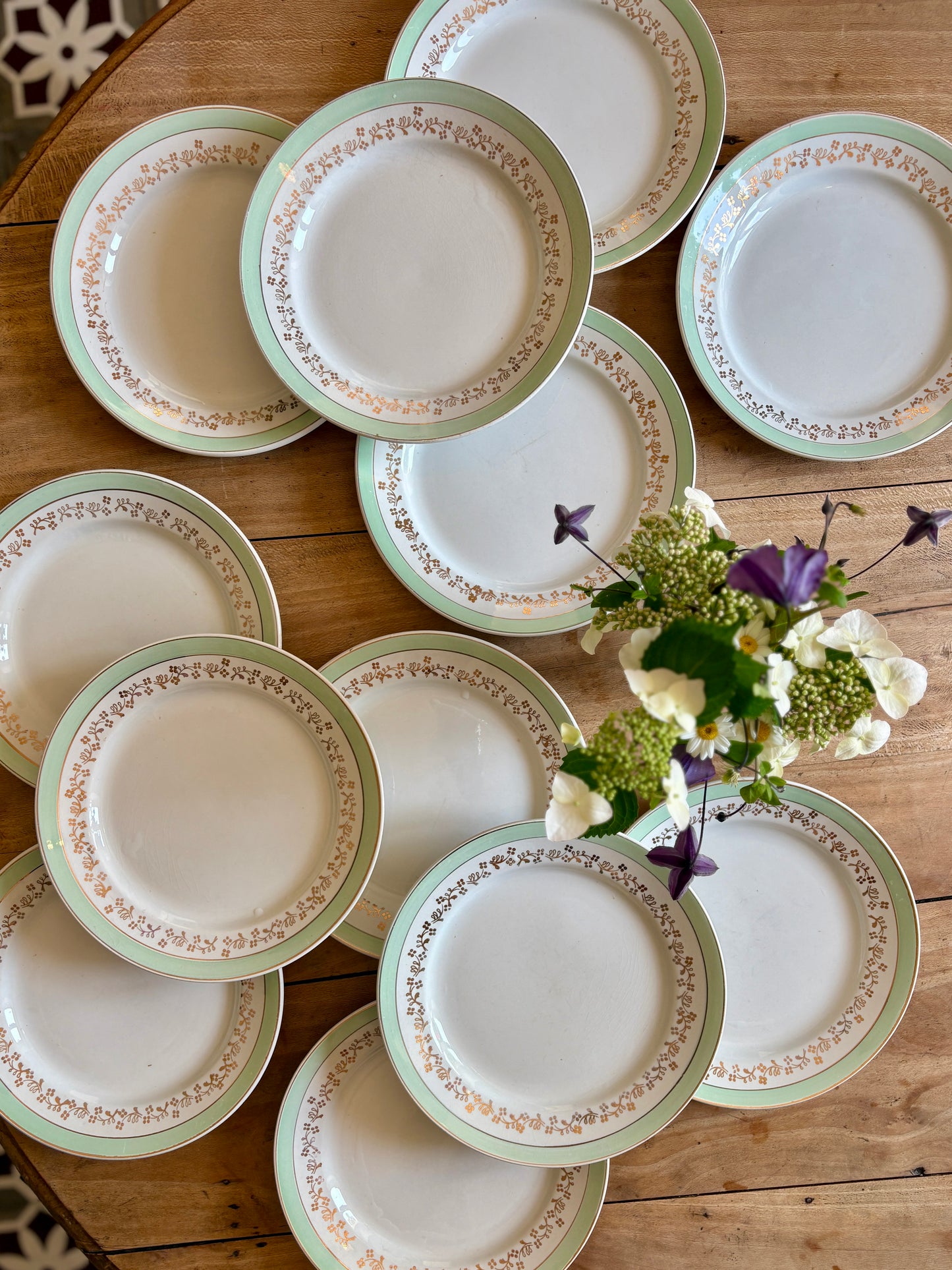 Lot de 12 assiettes plates blanches, mint et dorées, modèle Mosèle de Lunéville