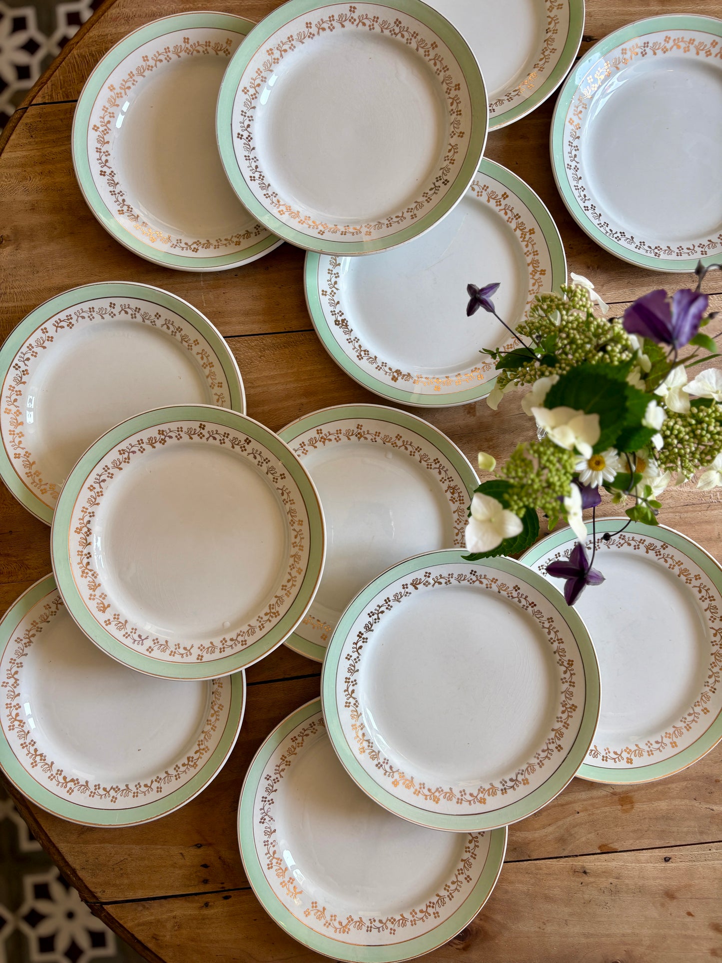 Lot de 12 assiettes plates blanches, mint et dorées, modèle Mosèle de Lunéville