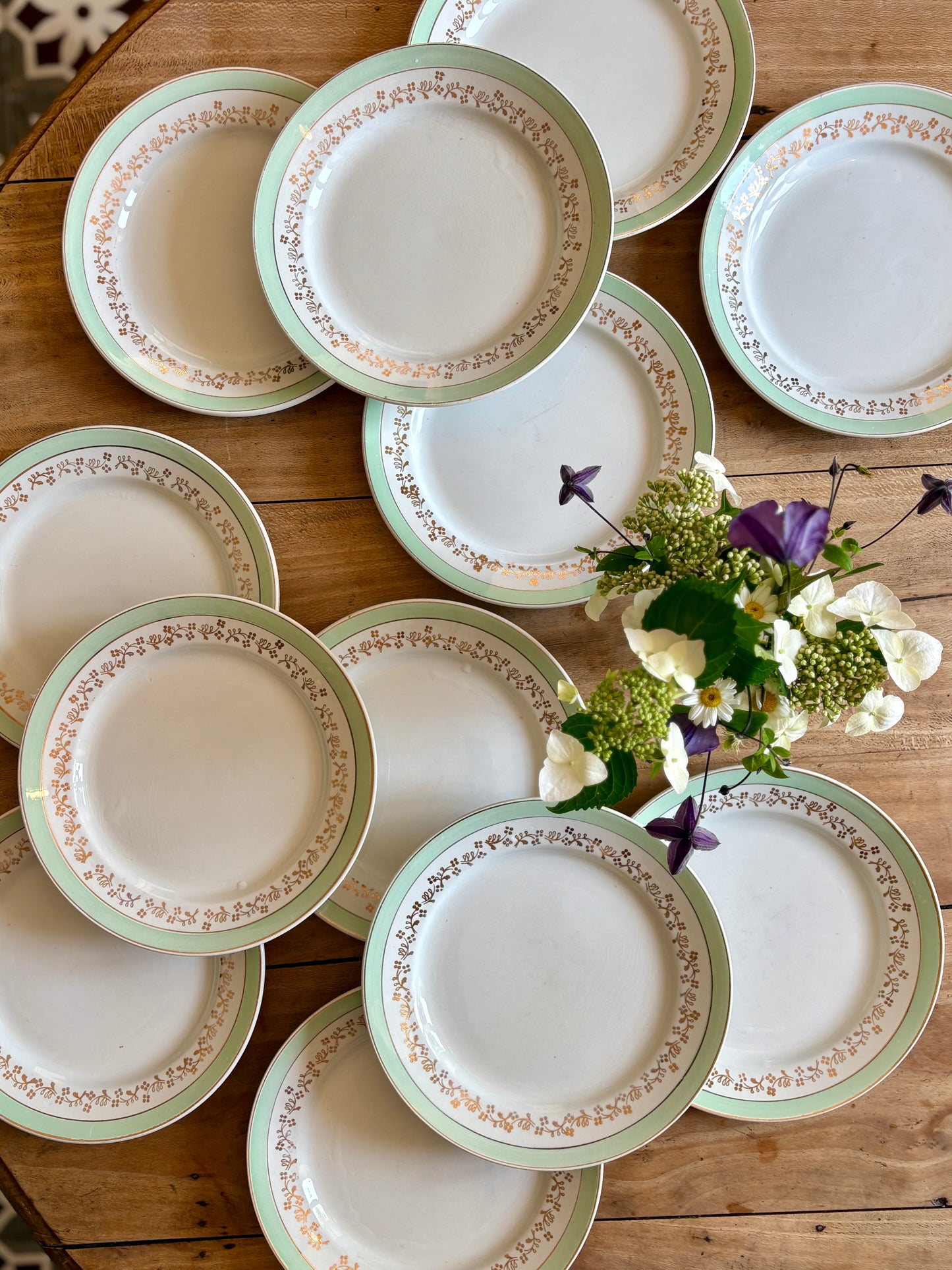 Lot de 12 assiettes plates blanches, mint et dorées, modèle Mosèle de Lunéville