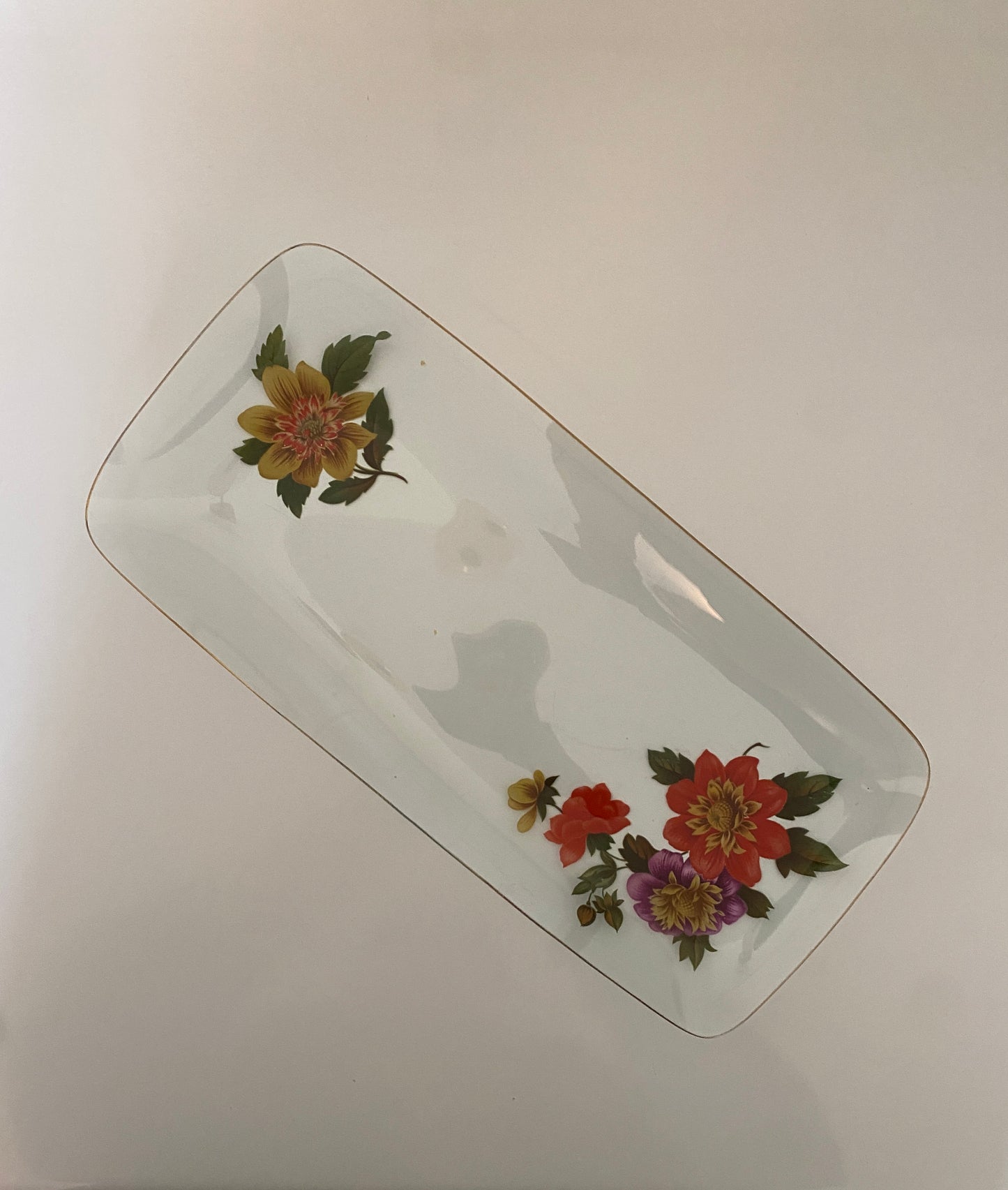 Plat à cake vintage en verre dessins de fleurs