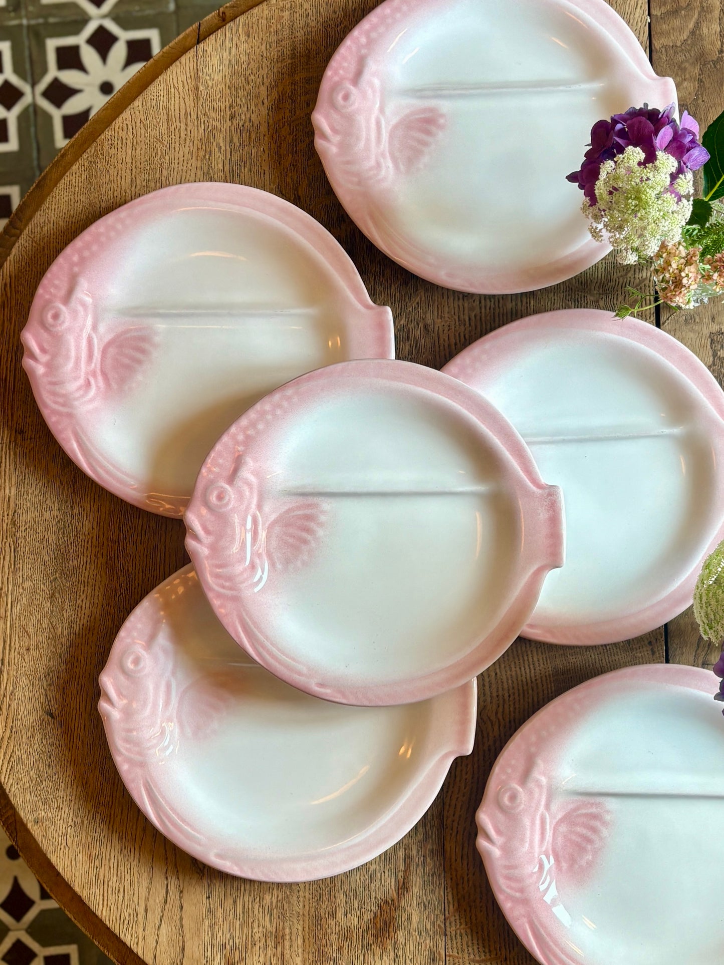 Lot de 6 assiettes vintage en forme de Poissons roses et gris - Nidervillier