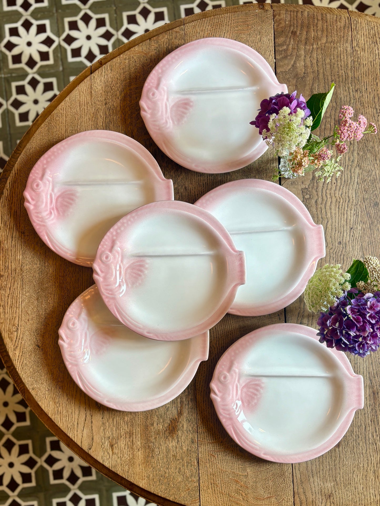 Lot de 6 assiettes vintage en forme de Poissons roses et gris - Nidervillier