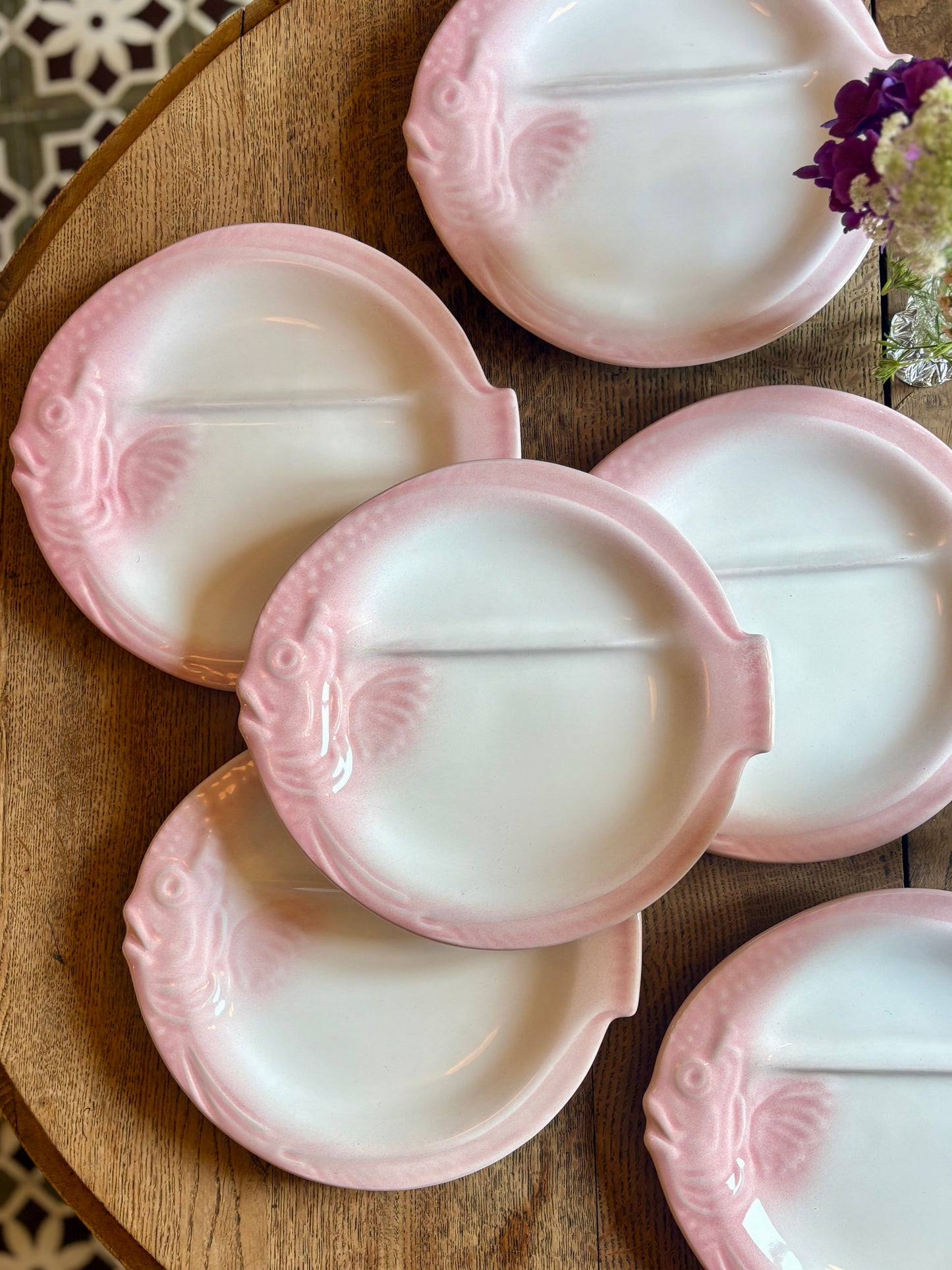 Lot de 6 assiettes vintage en forme de Poissons roses et gris - Nidervillier