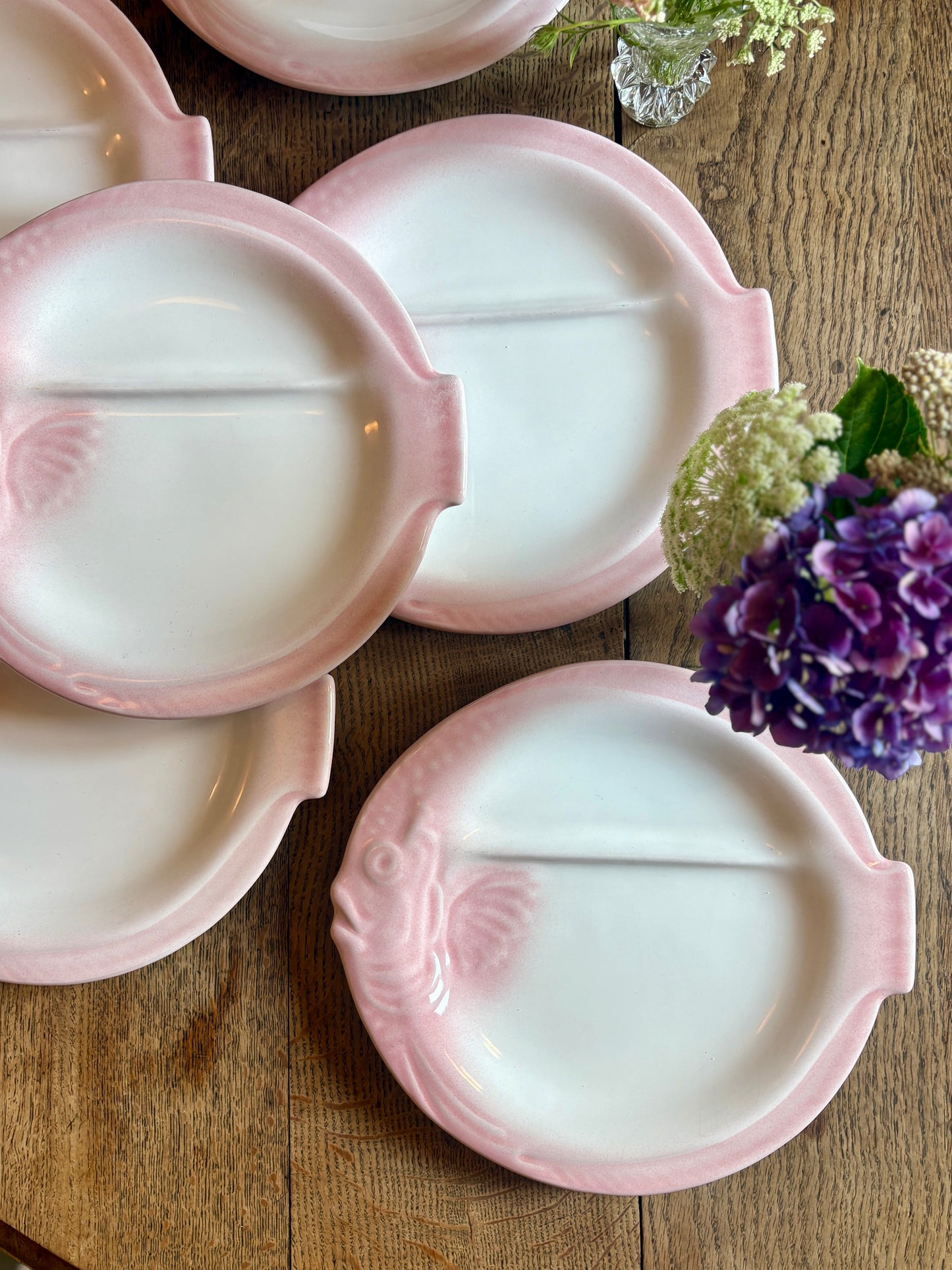Lot de 6 assiettes vintage en forme de Poissons roses et gris - Nidervillier