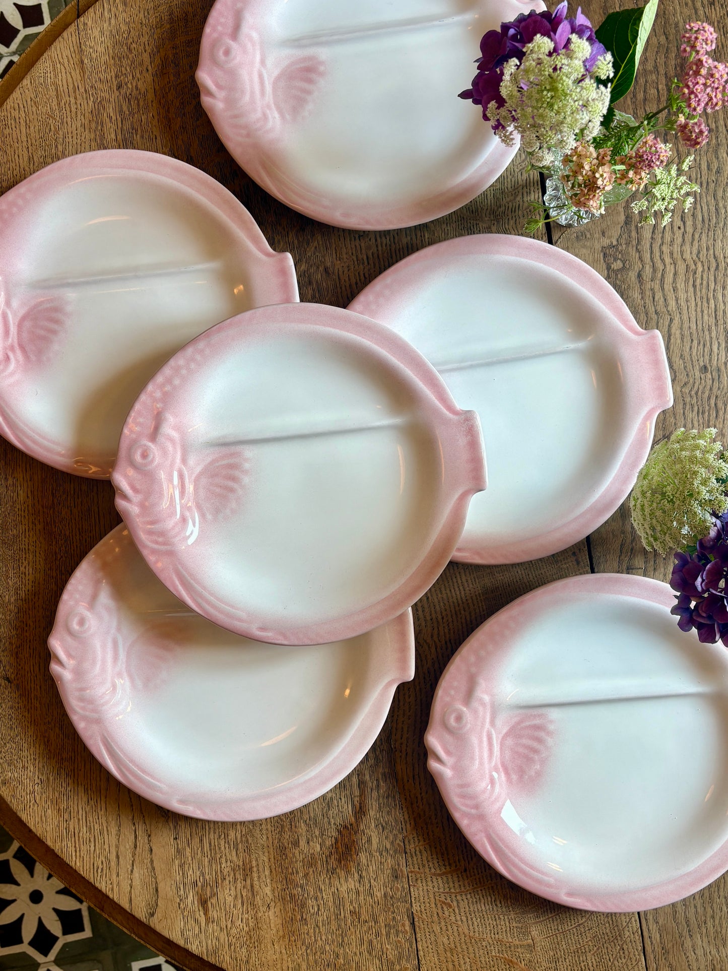 Lot de 6 assiettes vintage en forme de Poissons roses et gris - Nidervillier
