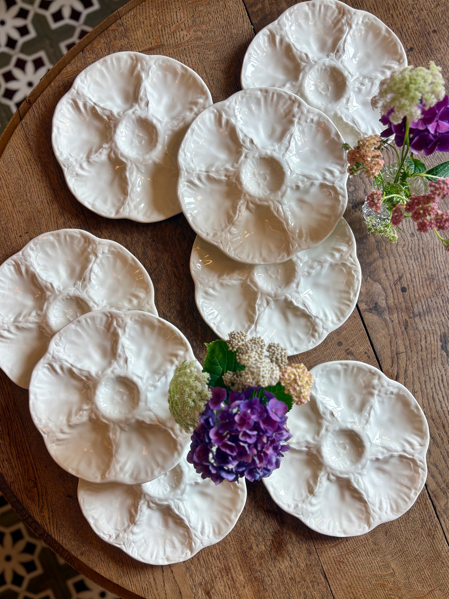 Lot de 8 assiettes à huîtres vintage en céramique blanche - Gien