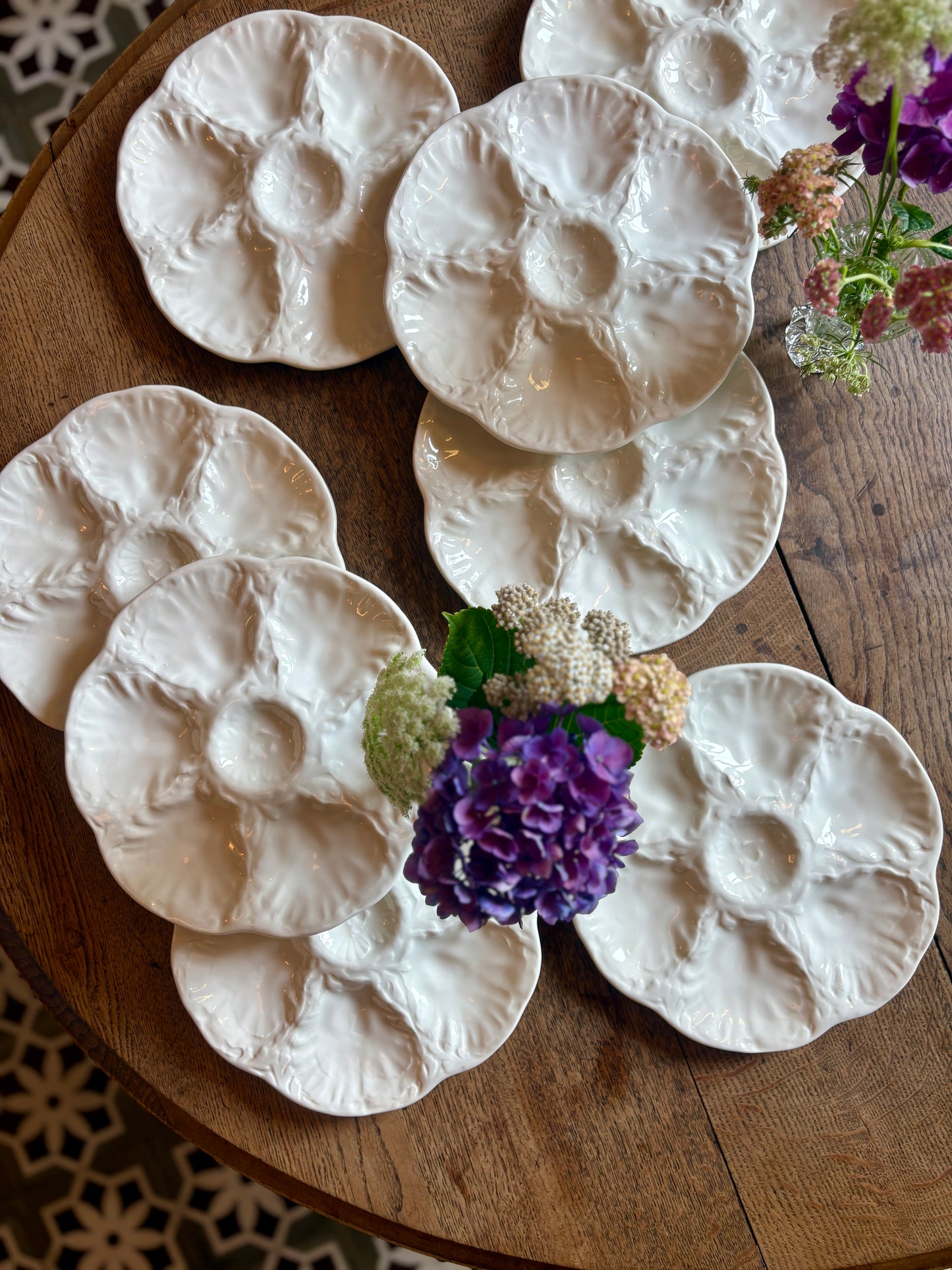Lot de 8 assiettes à huîtres vintage en céramique blanche - Gien