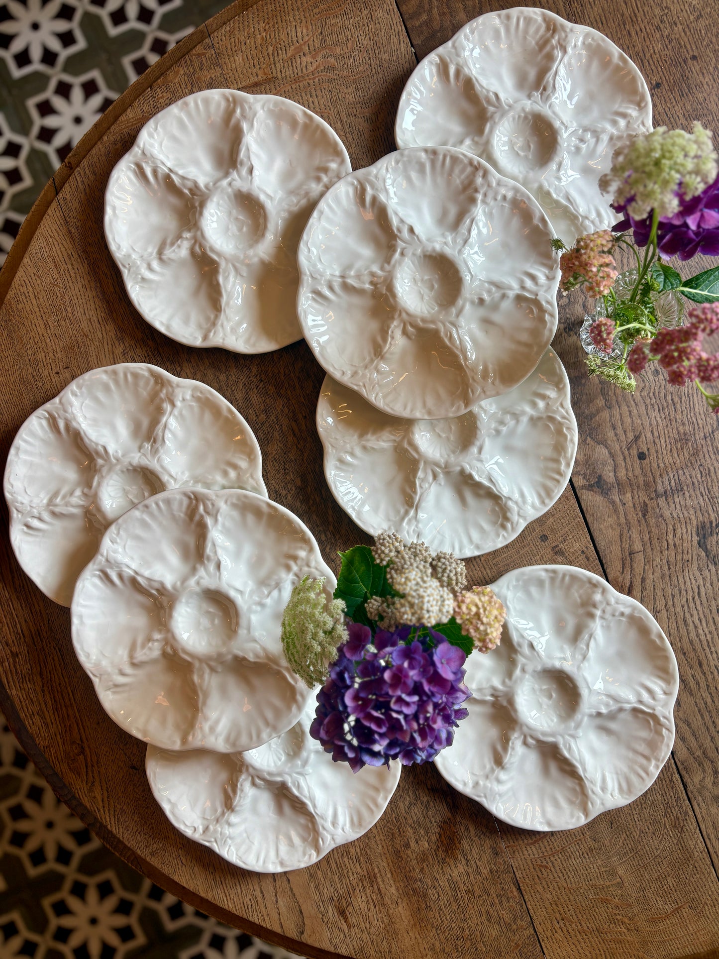 Lot de 8 assiettes à huîtres vintage en céramique blanche - Gien
