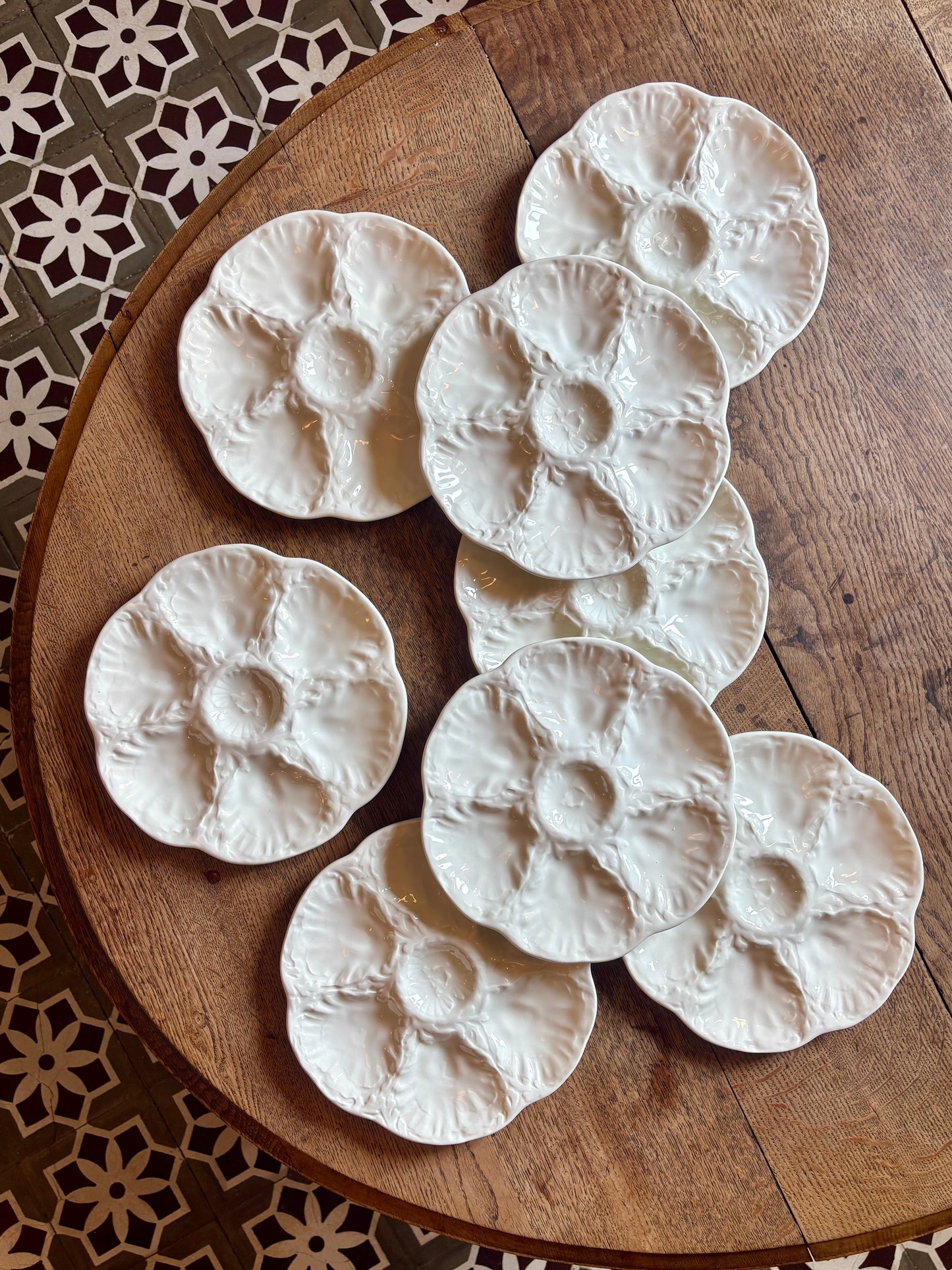 Lot de 8 assiettes à huîtres vintage en céramique blanche - Gien