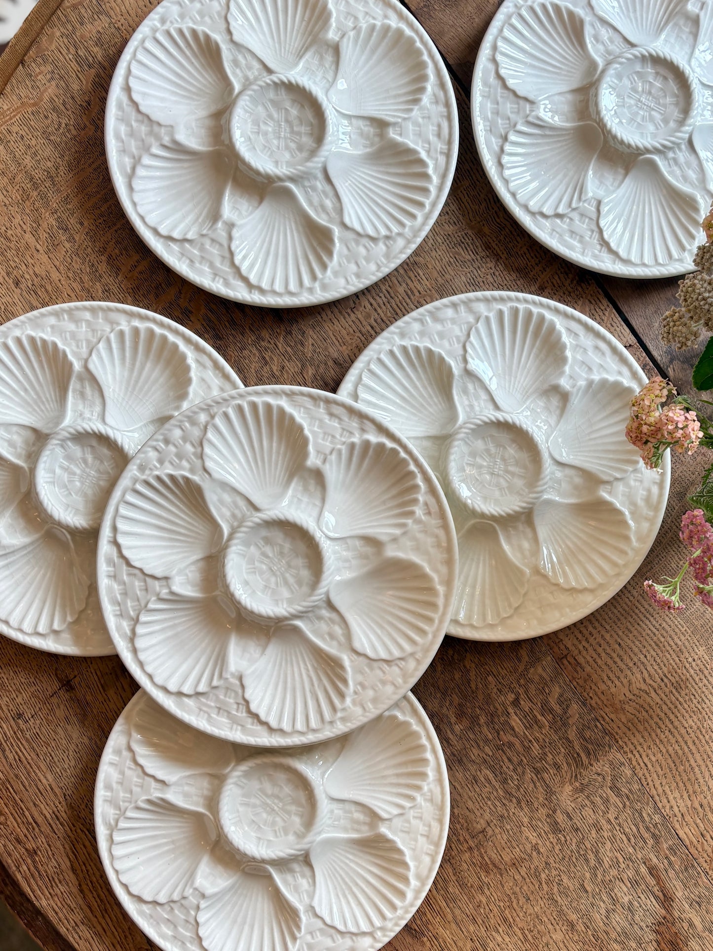 Lot de 6 assiettes à huîtres vintage en céramique blanche - Longchamp