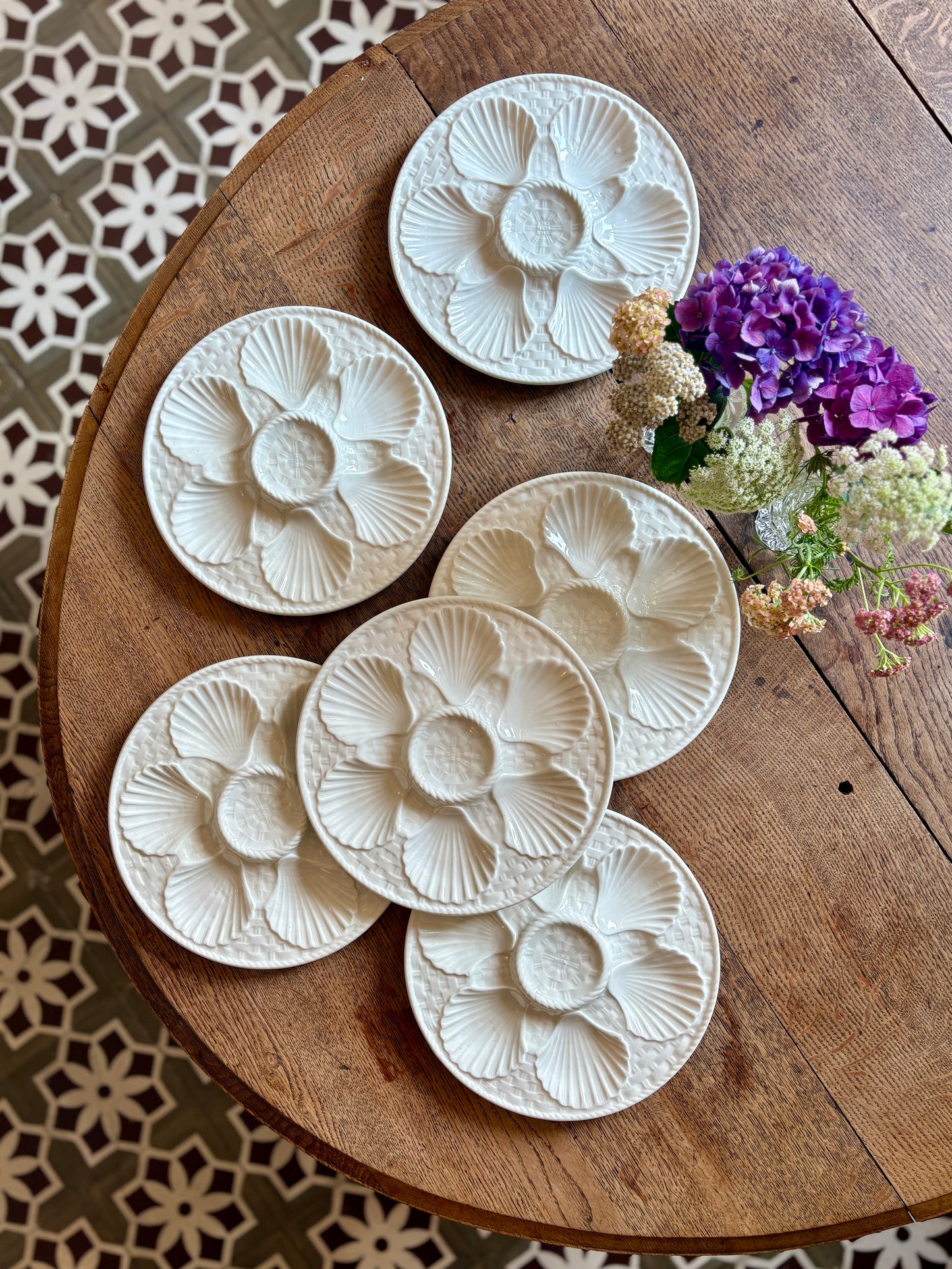 Lot de 6 assiettes à huîtres vintage en céramique blanche - Longchamp