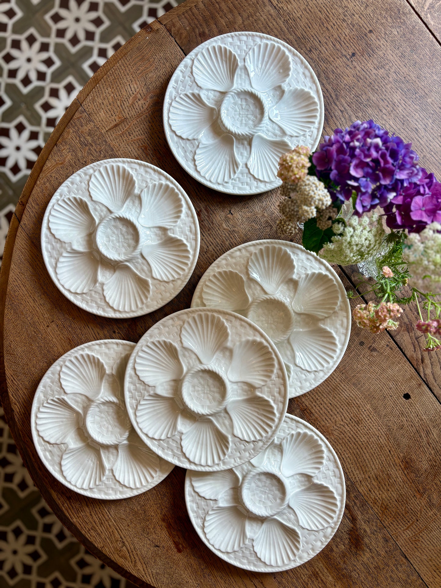 Lot de 6 assiettes à huîtres vintage en céramique blanche - Longchamp