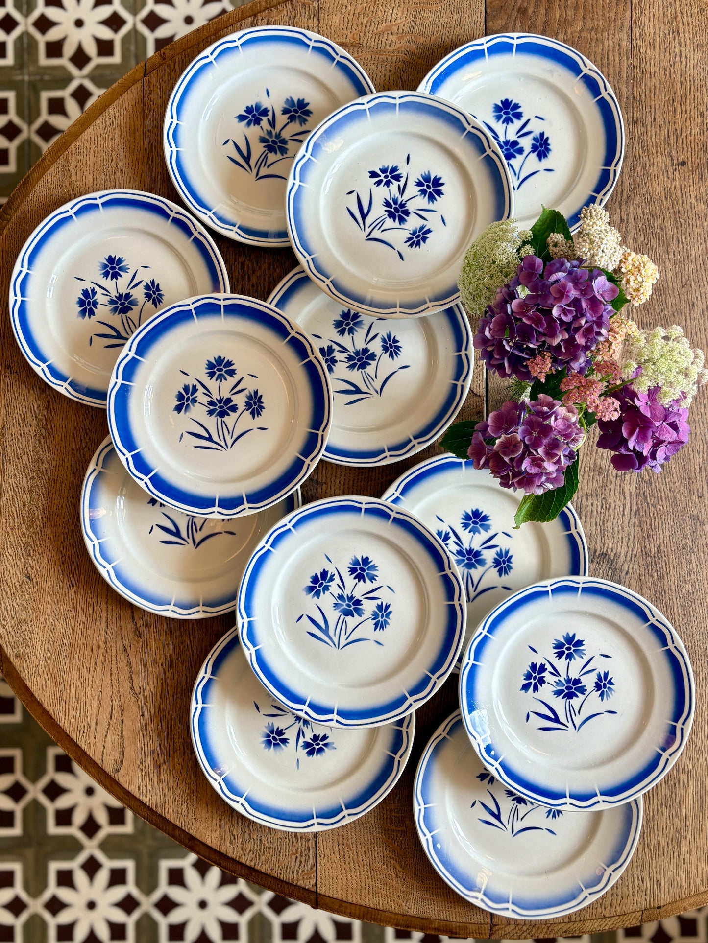 Lot de 12 assiettes plates anciennes, décors de fleurs bleues