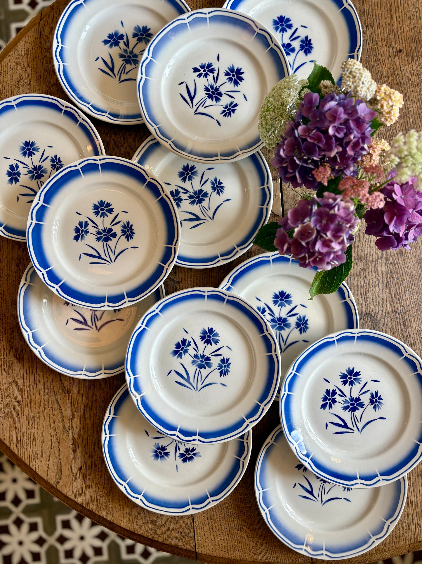 Lot de 12 assiettes plates anciennes, décors de fleurs bleues