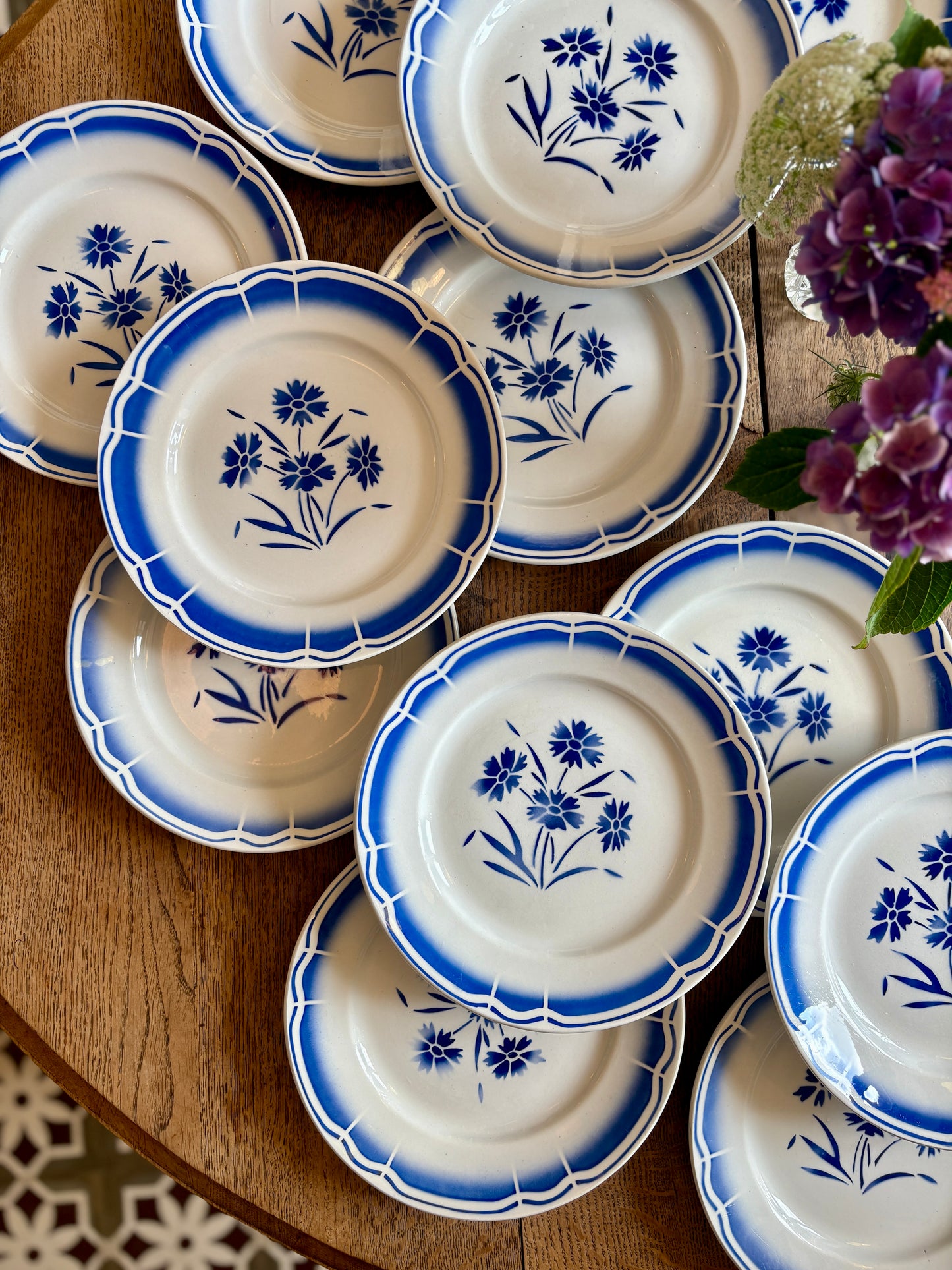Lot de 12 assiettes plates anciennes, décors de fleurs bleues