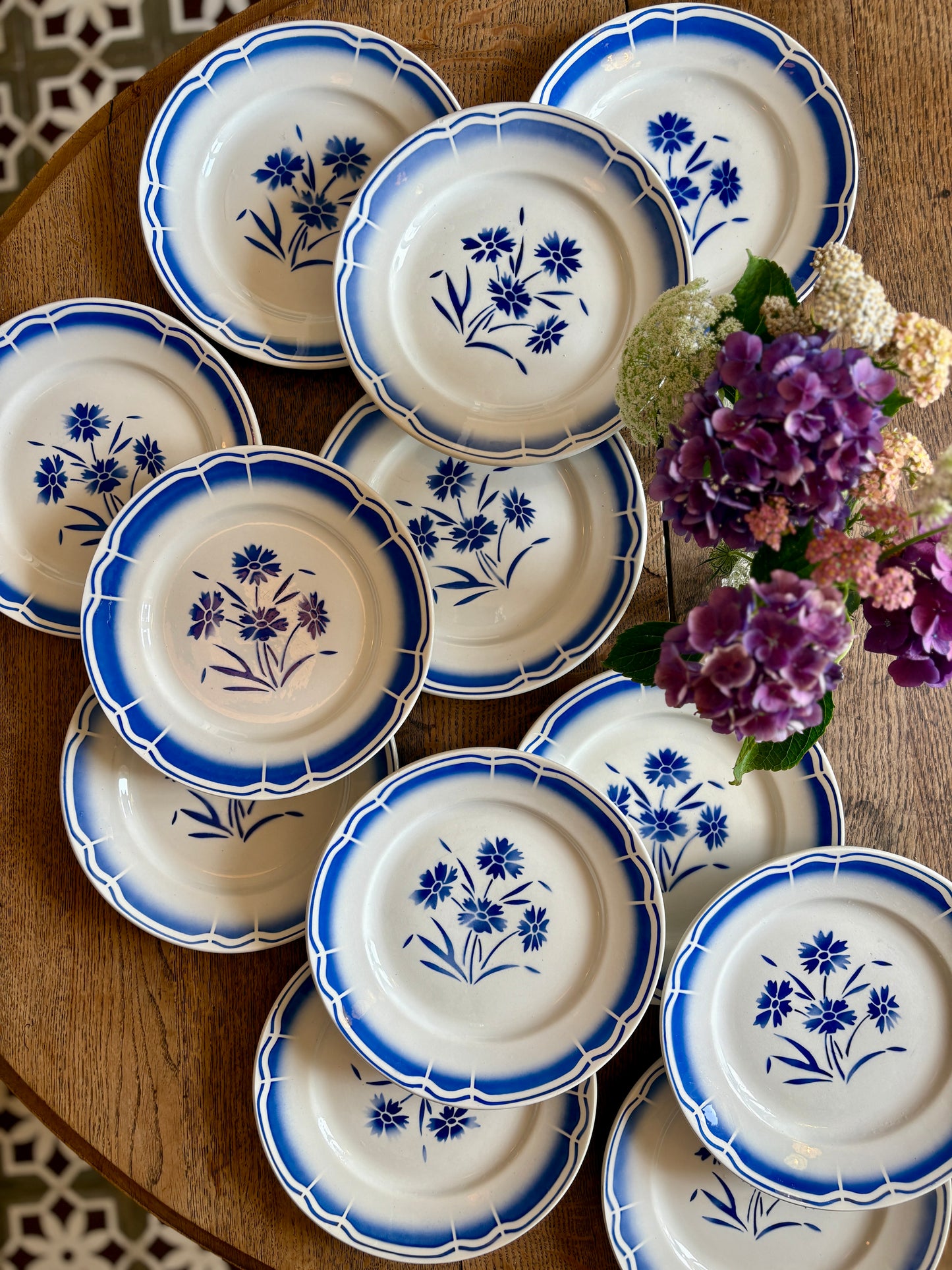 Lot de 12 assiettes plates anciennes, décors de fleurs bleues