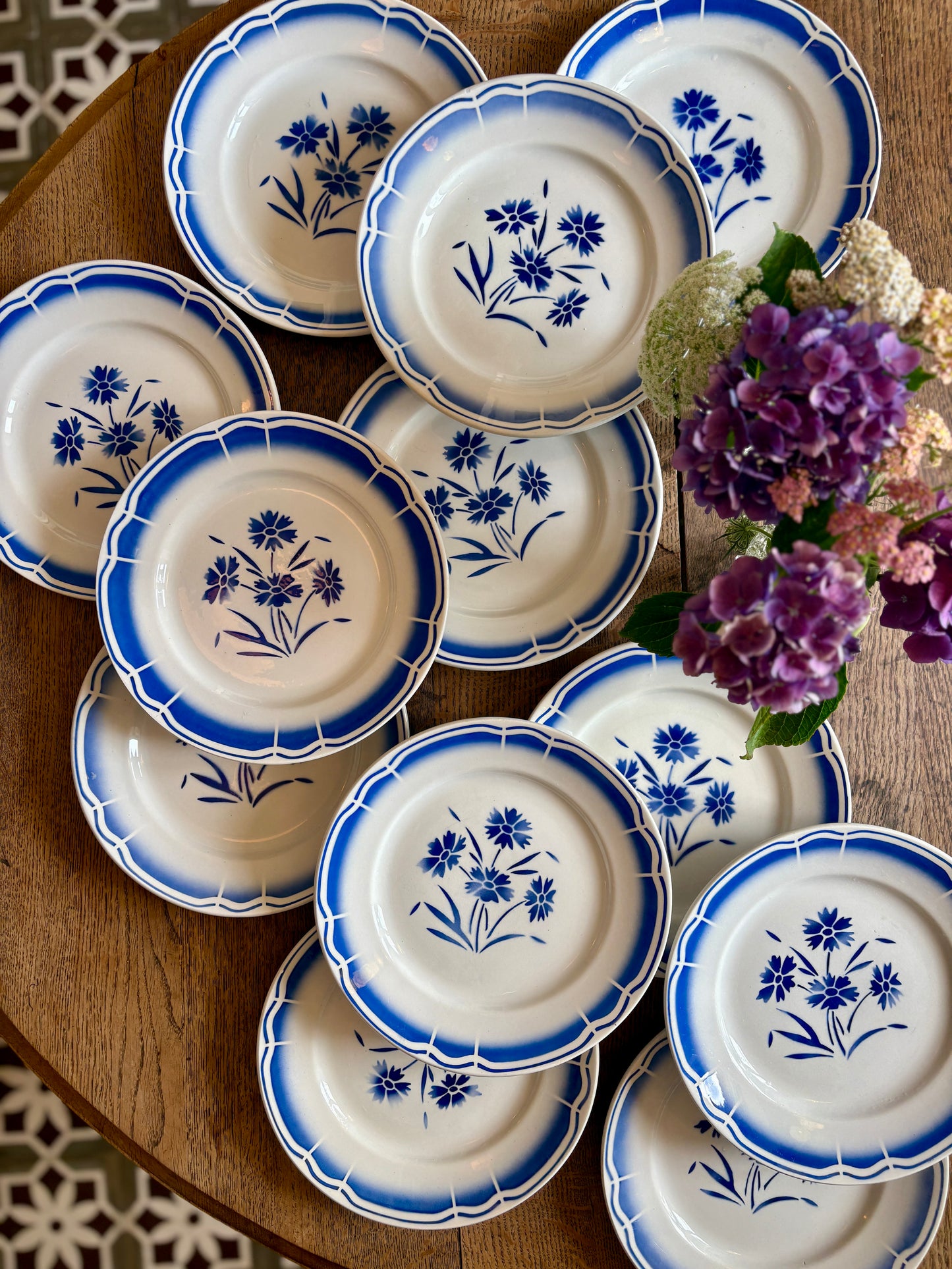 Lot de 12 assiettes plates anciennes, décors de fleurs bleues