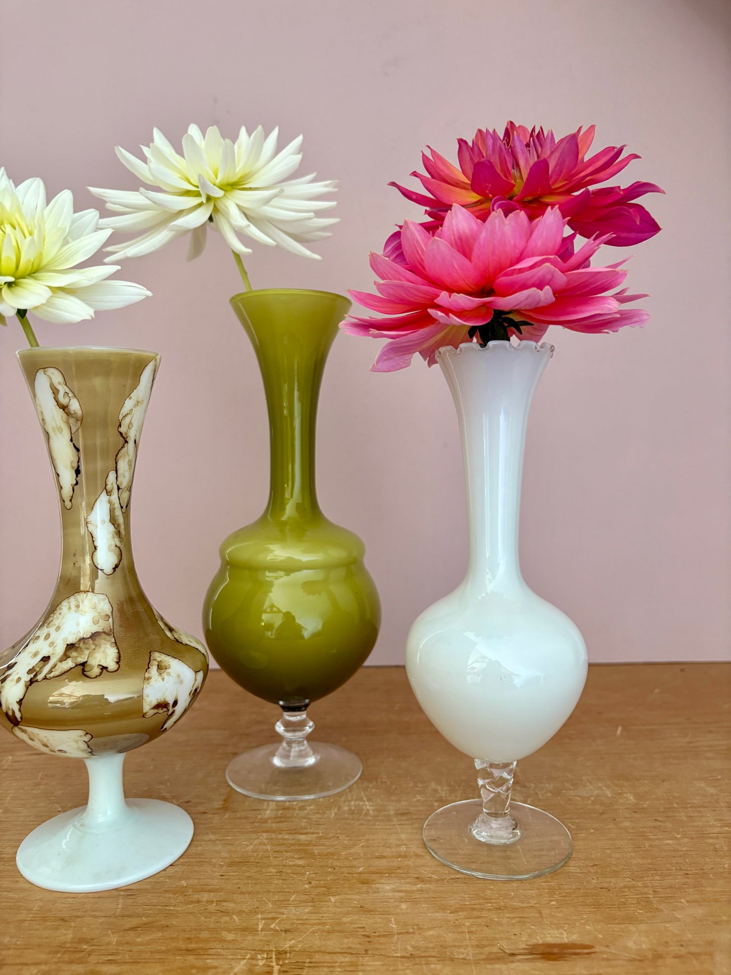 Lot de 3 vase vintage en verre et opaline