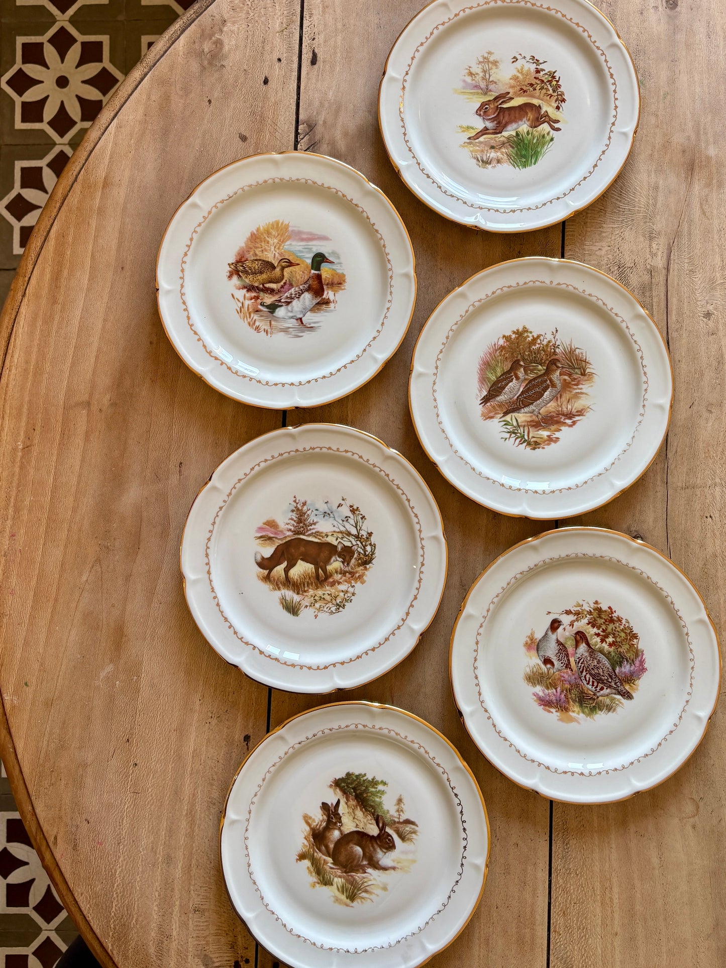 Lot de 6 assiettes à dessert vintage en porcelaine - Gibier -