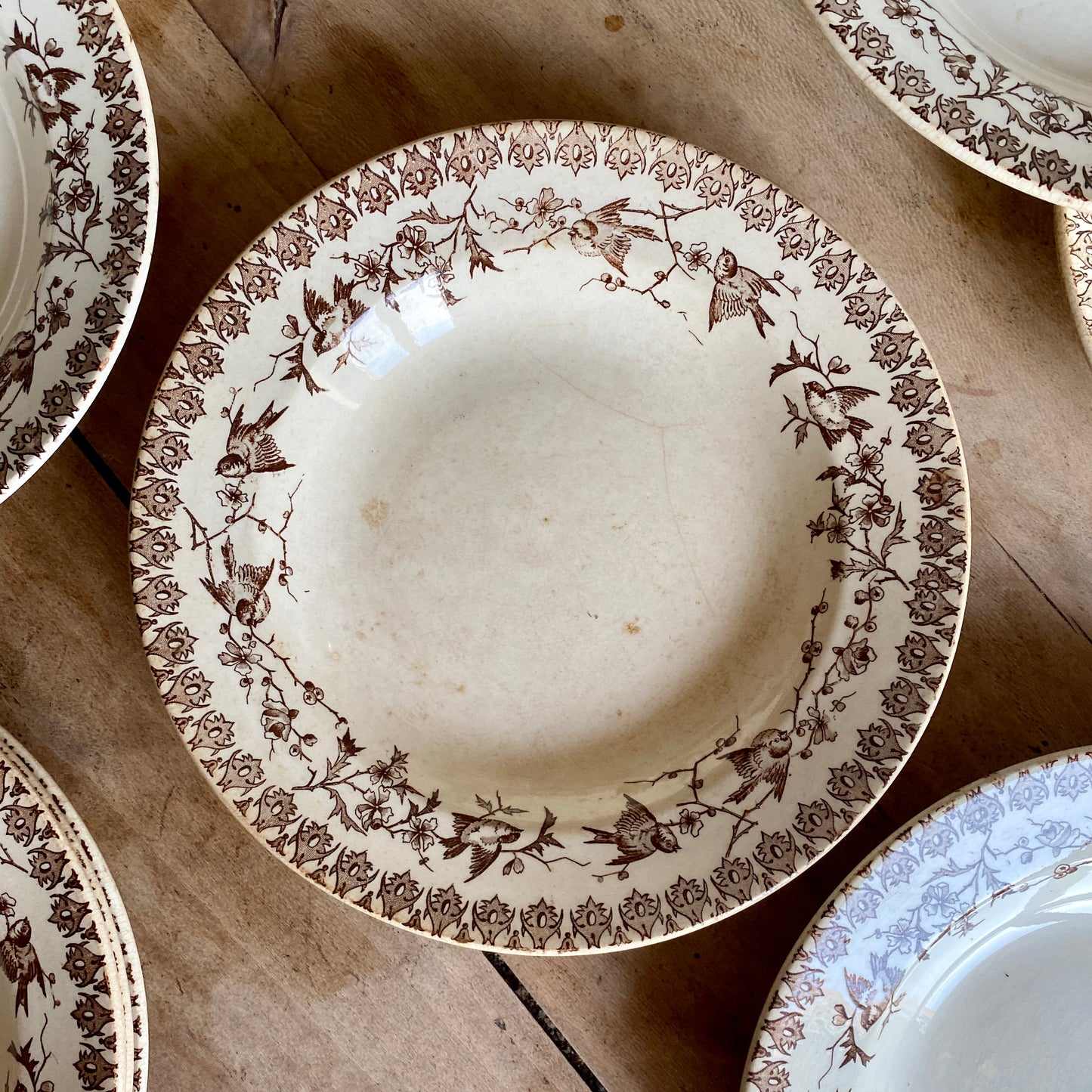 Lot de 10 assiettes creuses anciennes en terre de fer, décors d'hirondelles de HBC