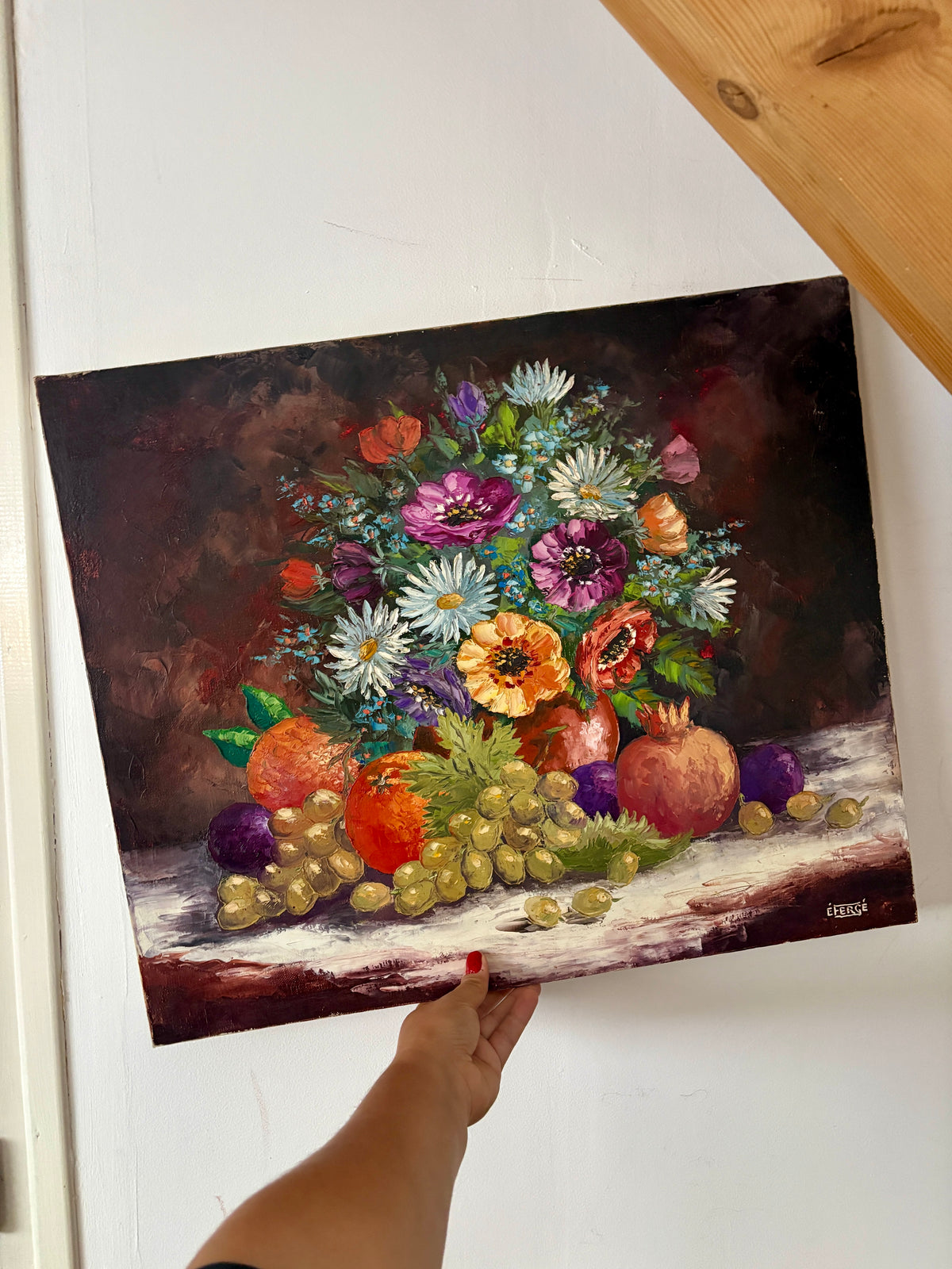 Tableau ancien, nature morte fleurs et fruits