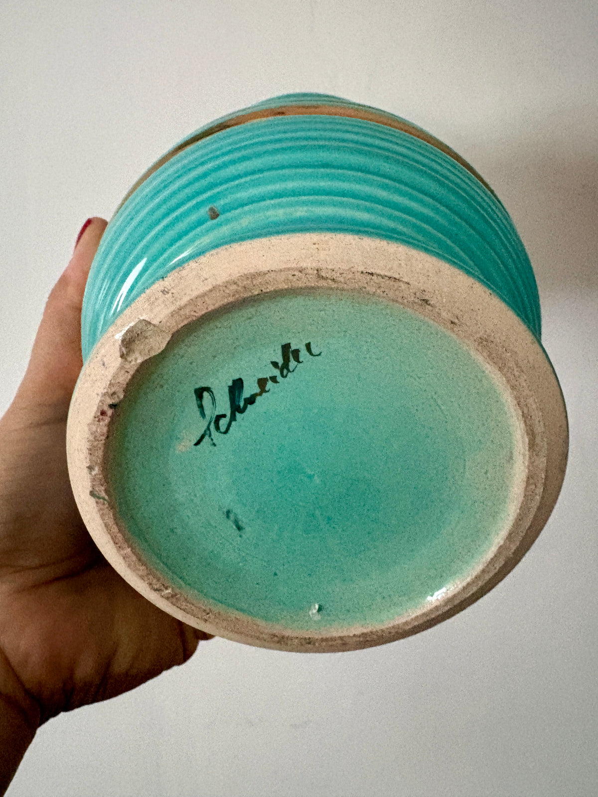 Vase vintage art déco en céramique bleue et dorée