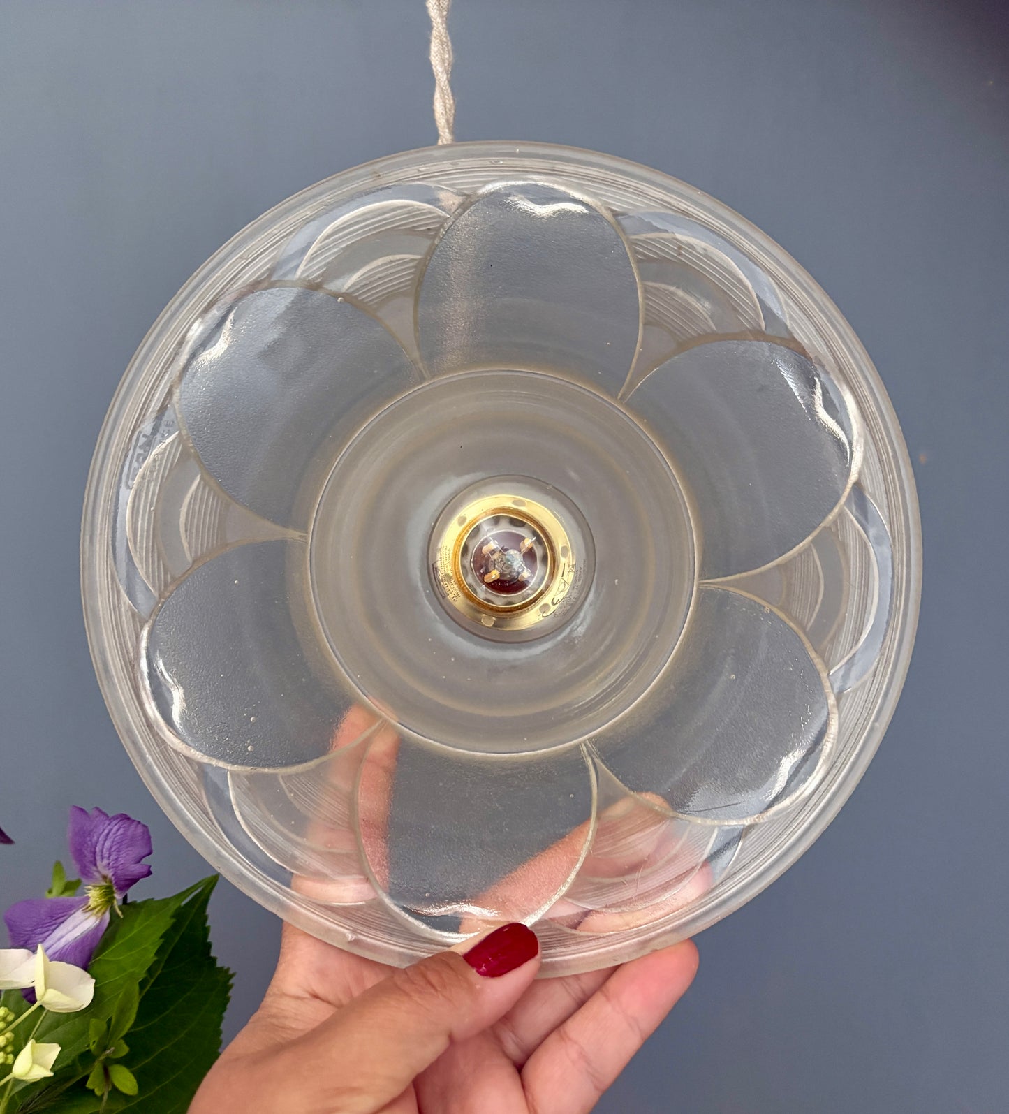 Suspension abat-jour vintage en verre motif de fleur