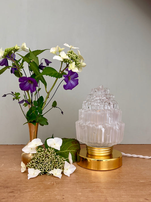 Lampe à poser globe vintage en verre mi dépoli mi transparent