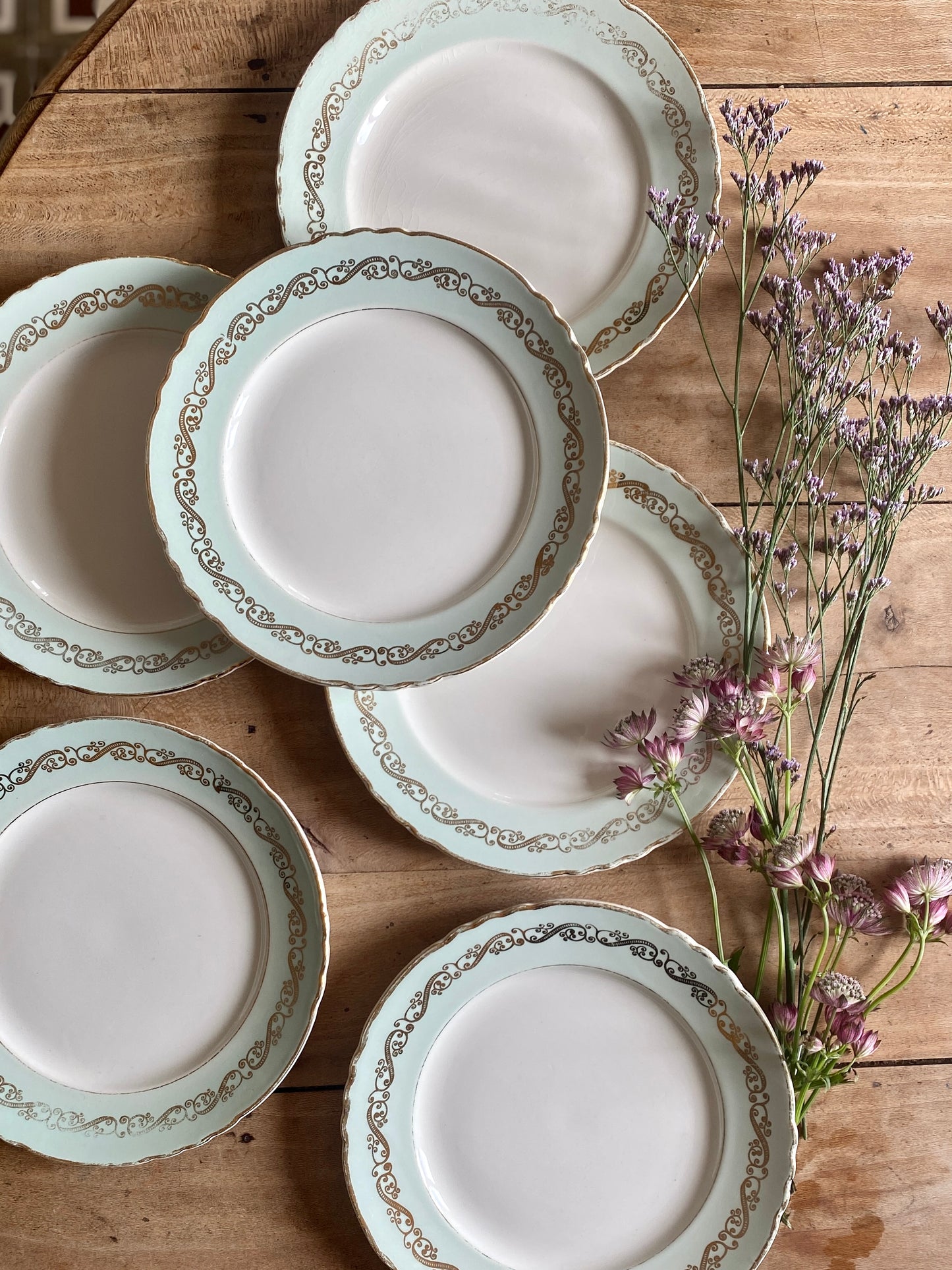 Lot de 6 assiettes plates vintage mint et dorées