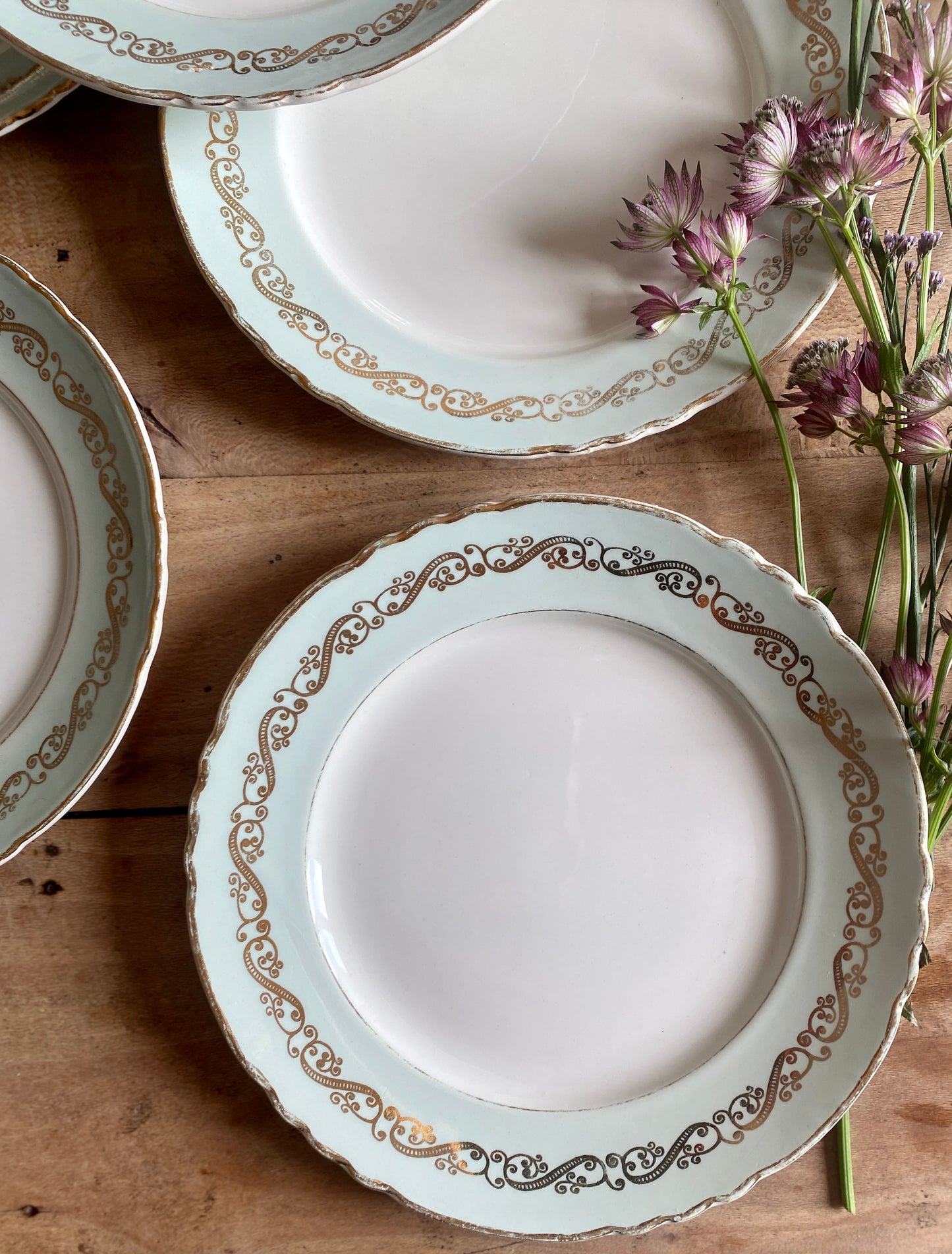 Lot de 6 assiettes plates vintage mint et dorées