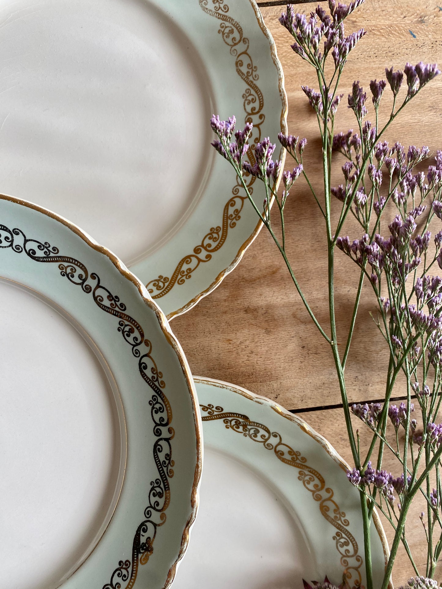 Lot de 6 assiettes plates vintage mint et dorées