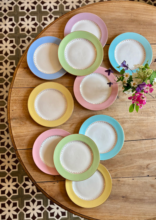 Lot de 10 assiettes plates vintage couleurs pastel