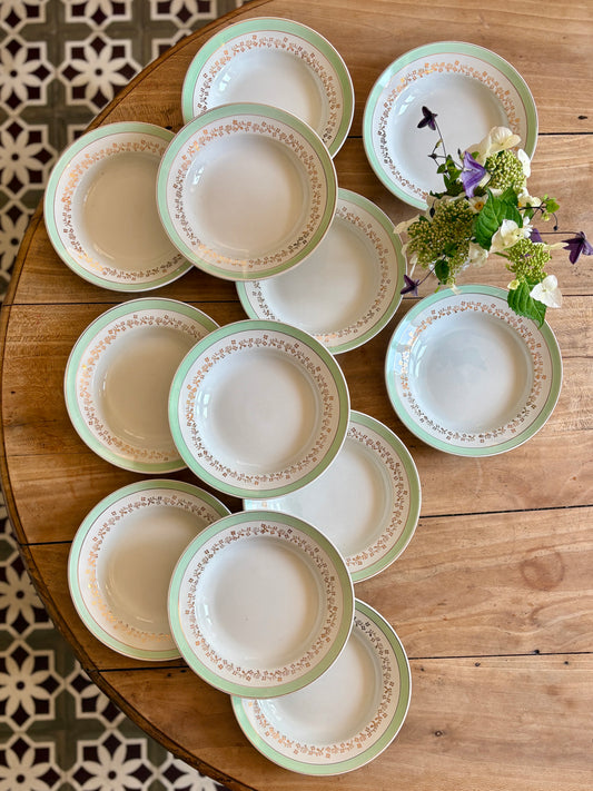 Lot de 12 assiettes creuses blanches, mint et dorées, modèle Mosèle de Lunéville