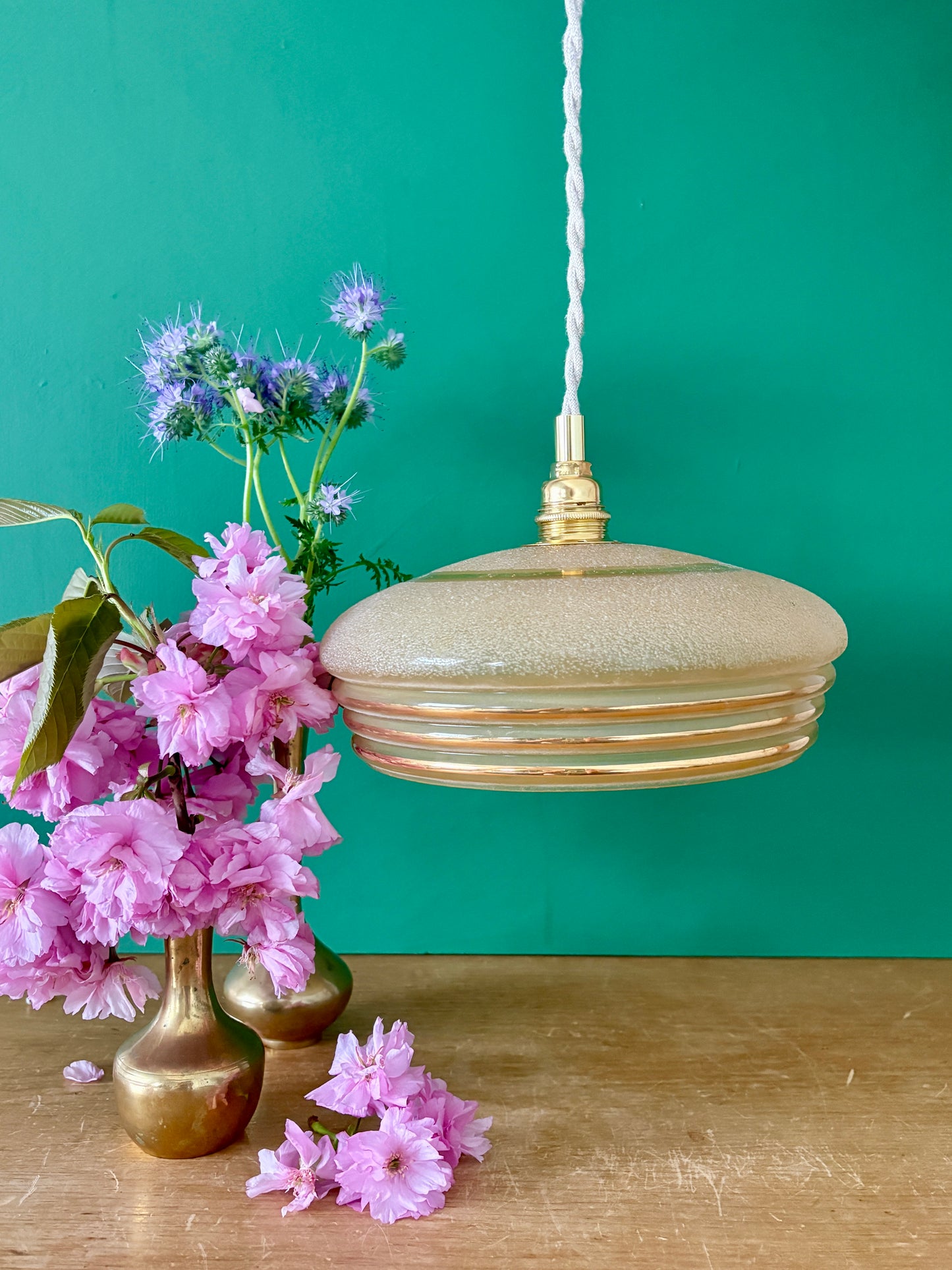 Suspension abat-jour vintage en verre granité jaune et or