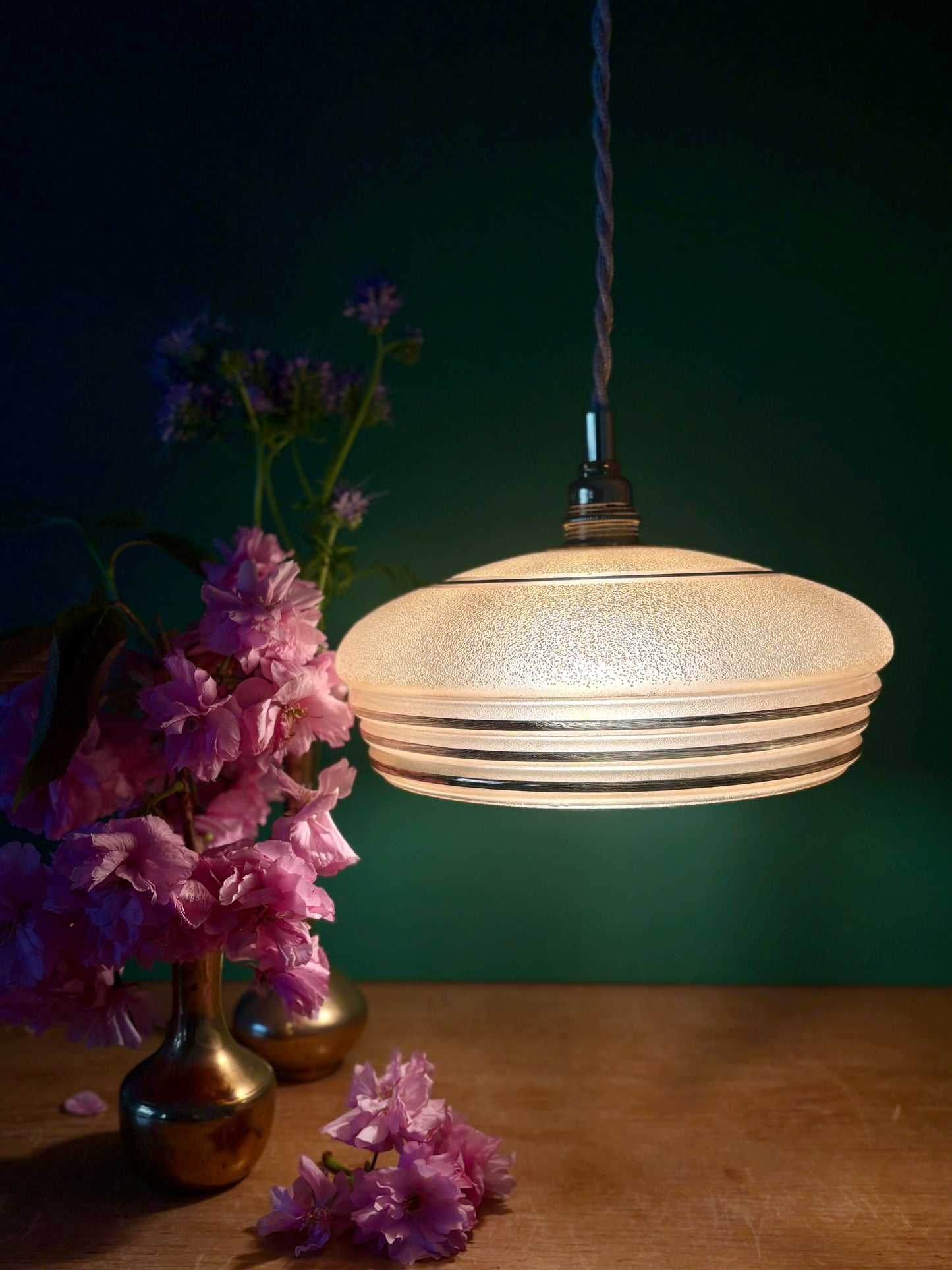 Suspension abat-jour vintage en verre granité jaune et or