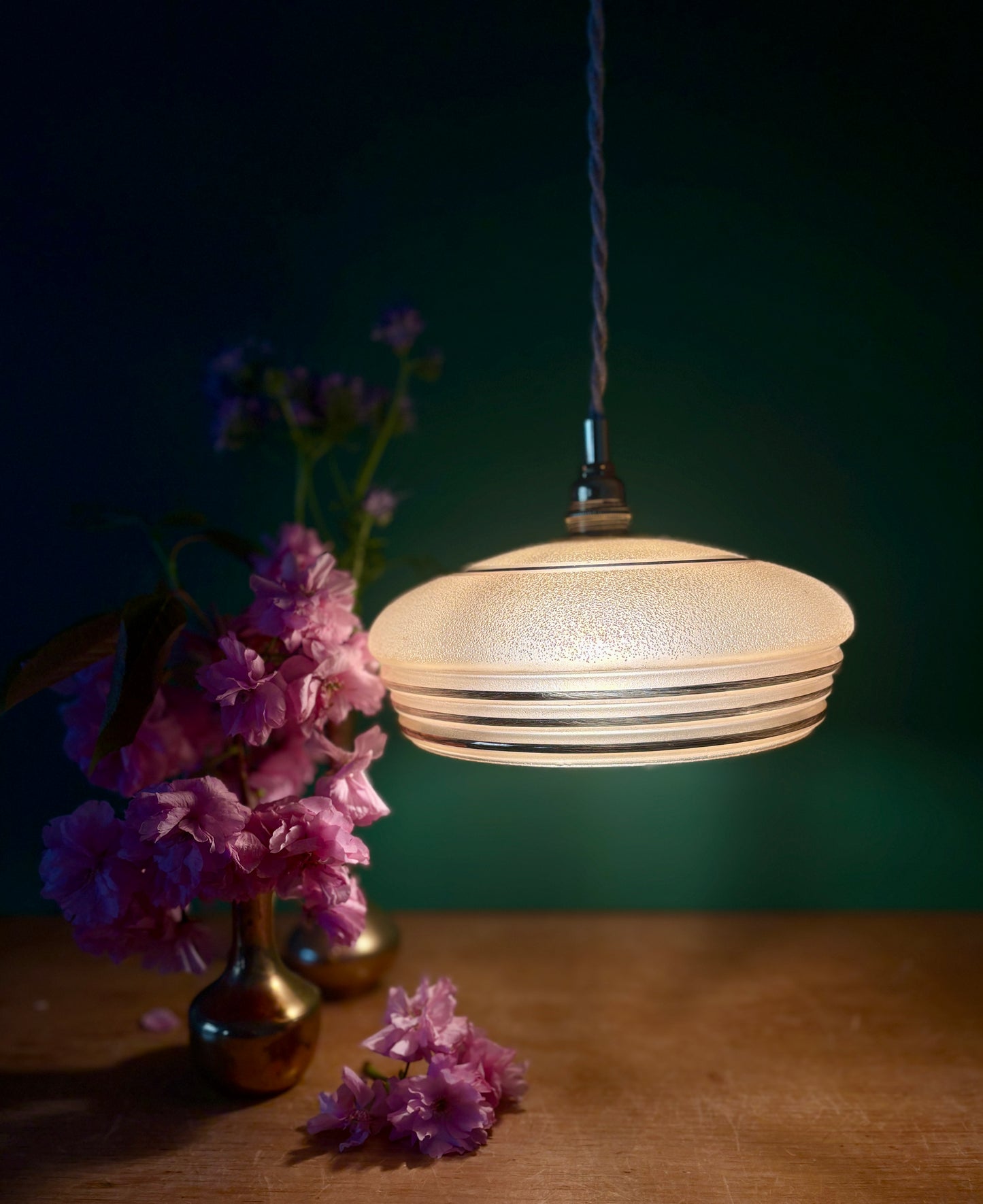 Suspension abat-jour vintage en verre granité jaune et or