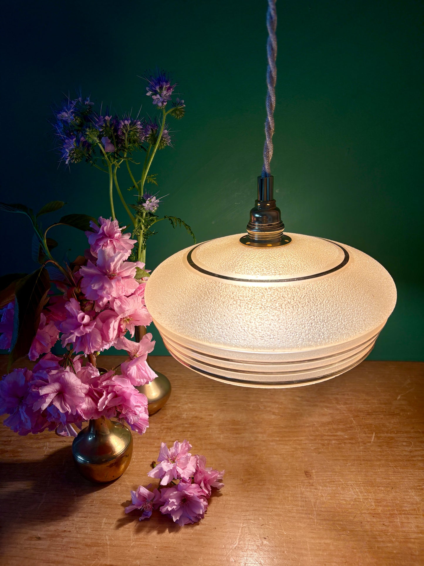 Suspension abat-jour vintage en verre granité jaune et or