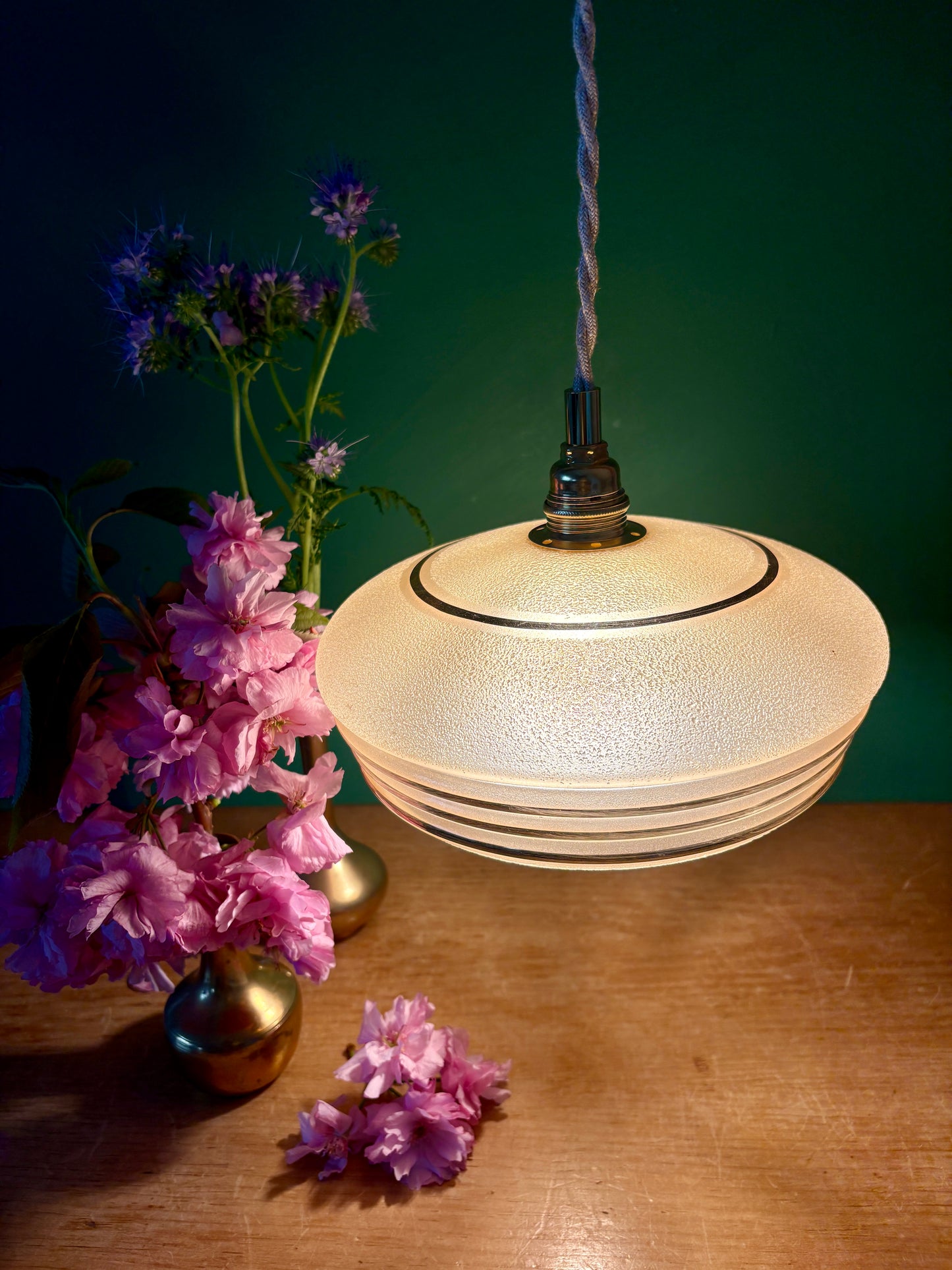 Suspension abat-jour vintage en verre granité jaune et or