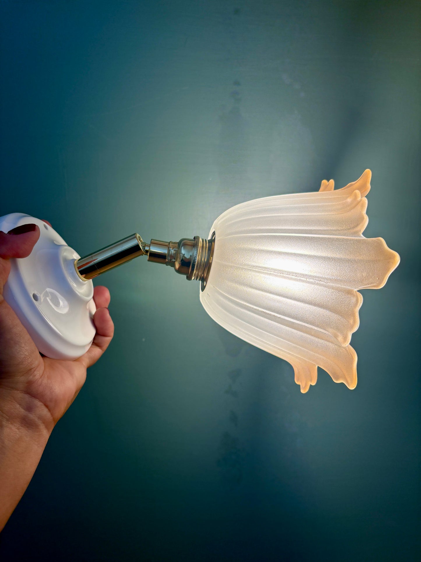 Applique tulipe vintage en verre dépoli blanc et brun