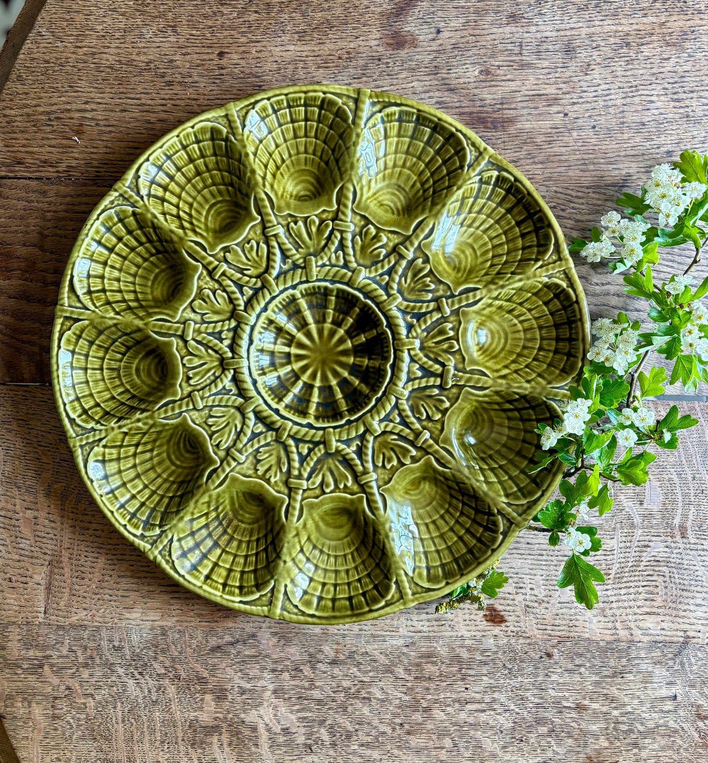 Plat à huîtres vintage en céramique verte - Sarreguemines