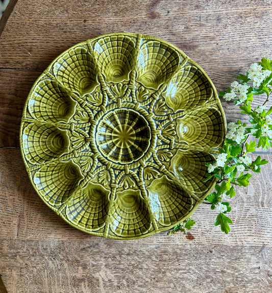Plat à huîtres vintage en céramique verte - Sarreguemines
