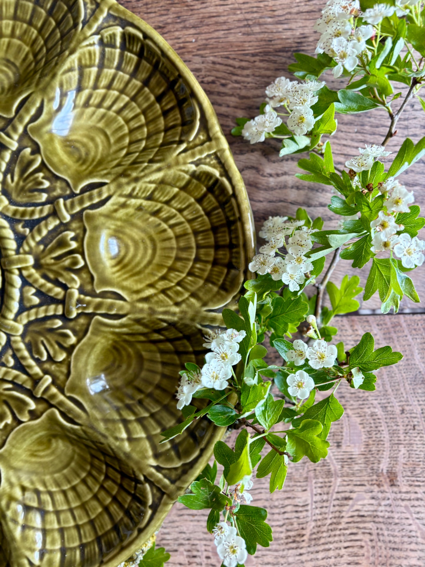 Plat à huîtres vintage en céramique verte - Sarreguemines