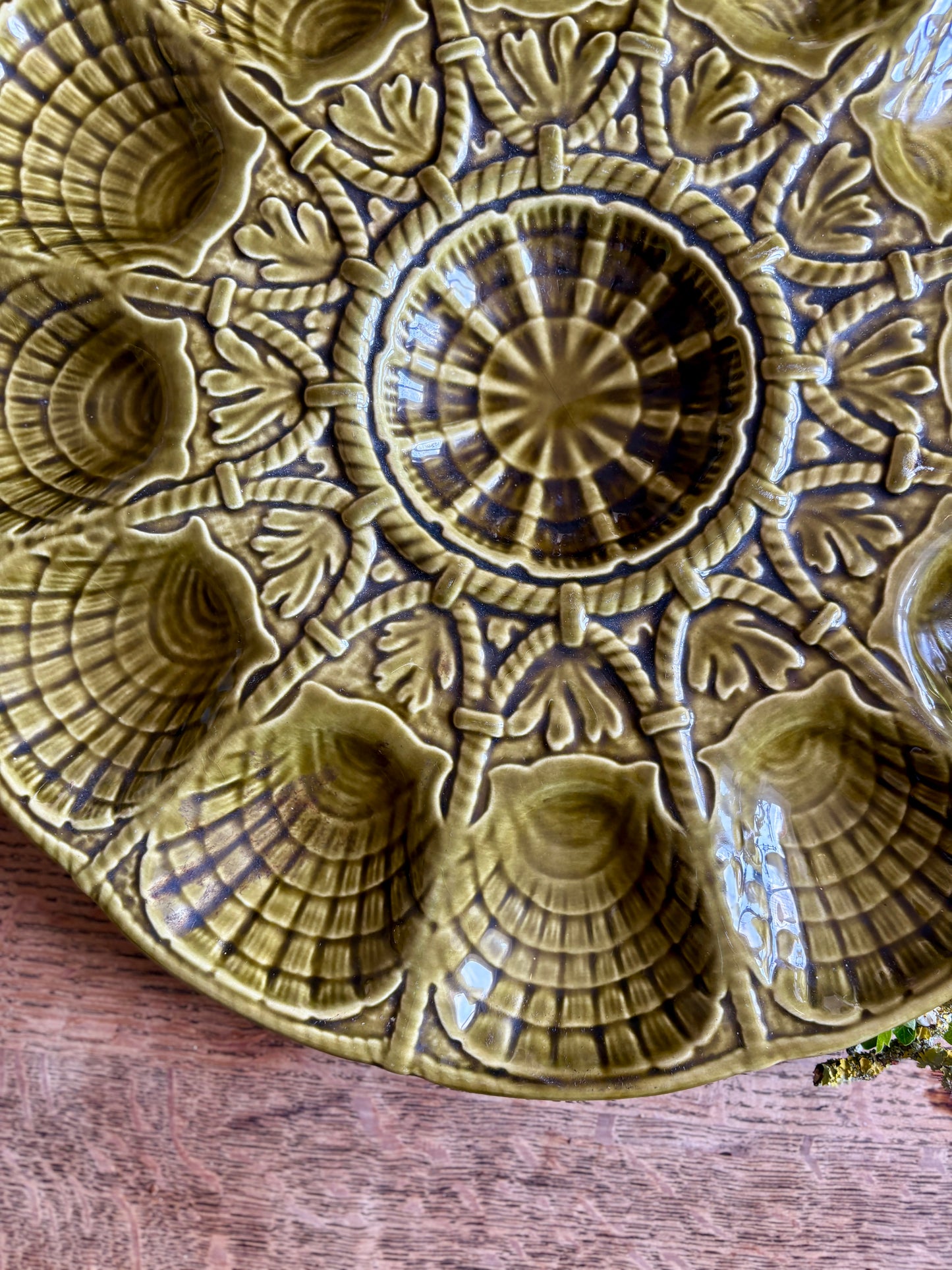 Plat à huîtres vintage en céramique verte - Sarreguemines