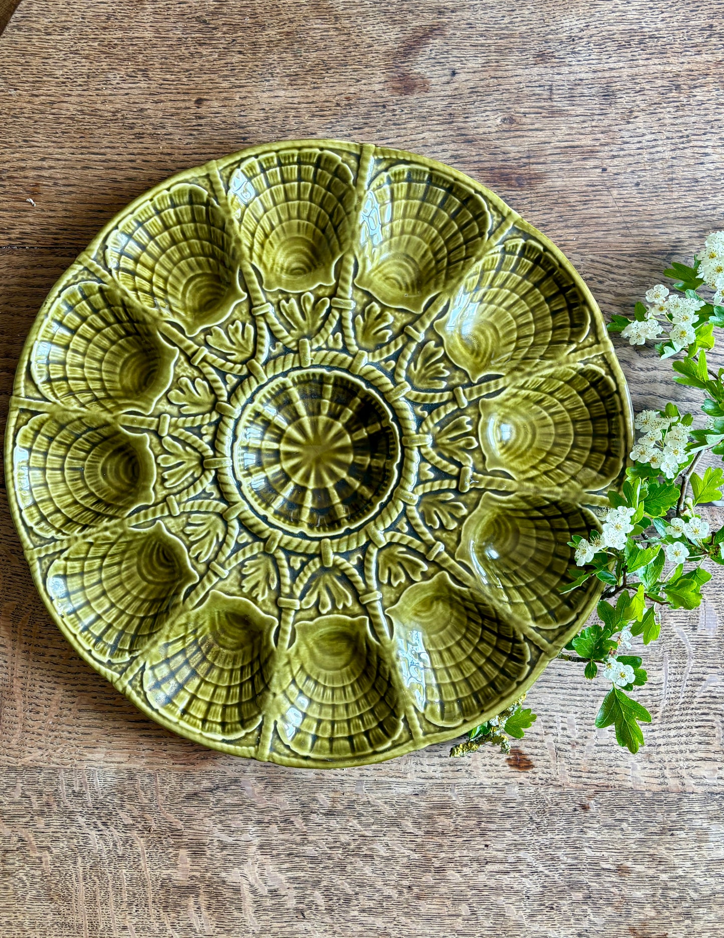 Plat à huîtres vintage en céramique verte - Sarreguemines