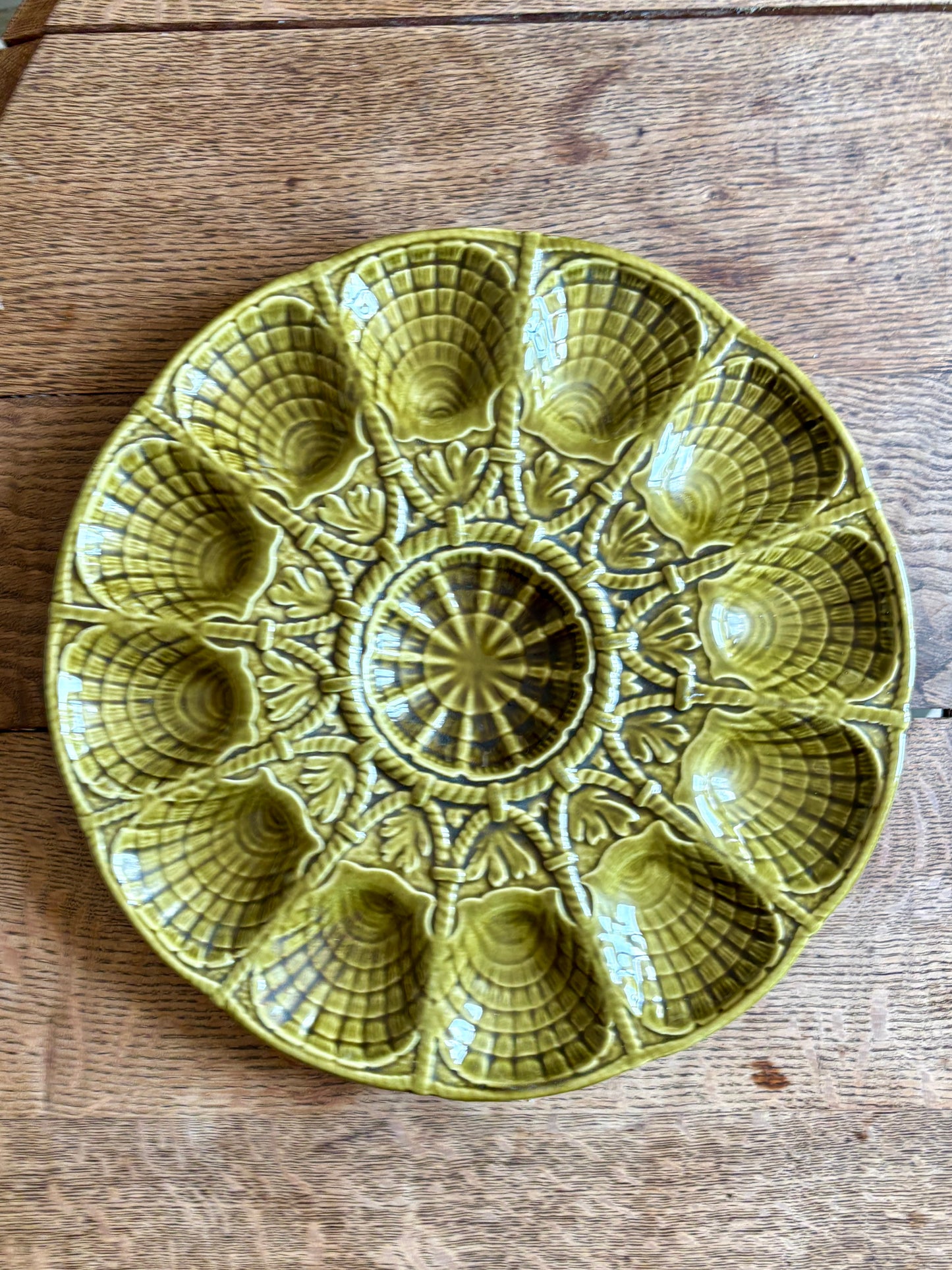 Plat à huîtres vintage en céramique verte - Sarreguemines